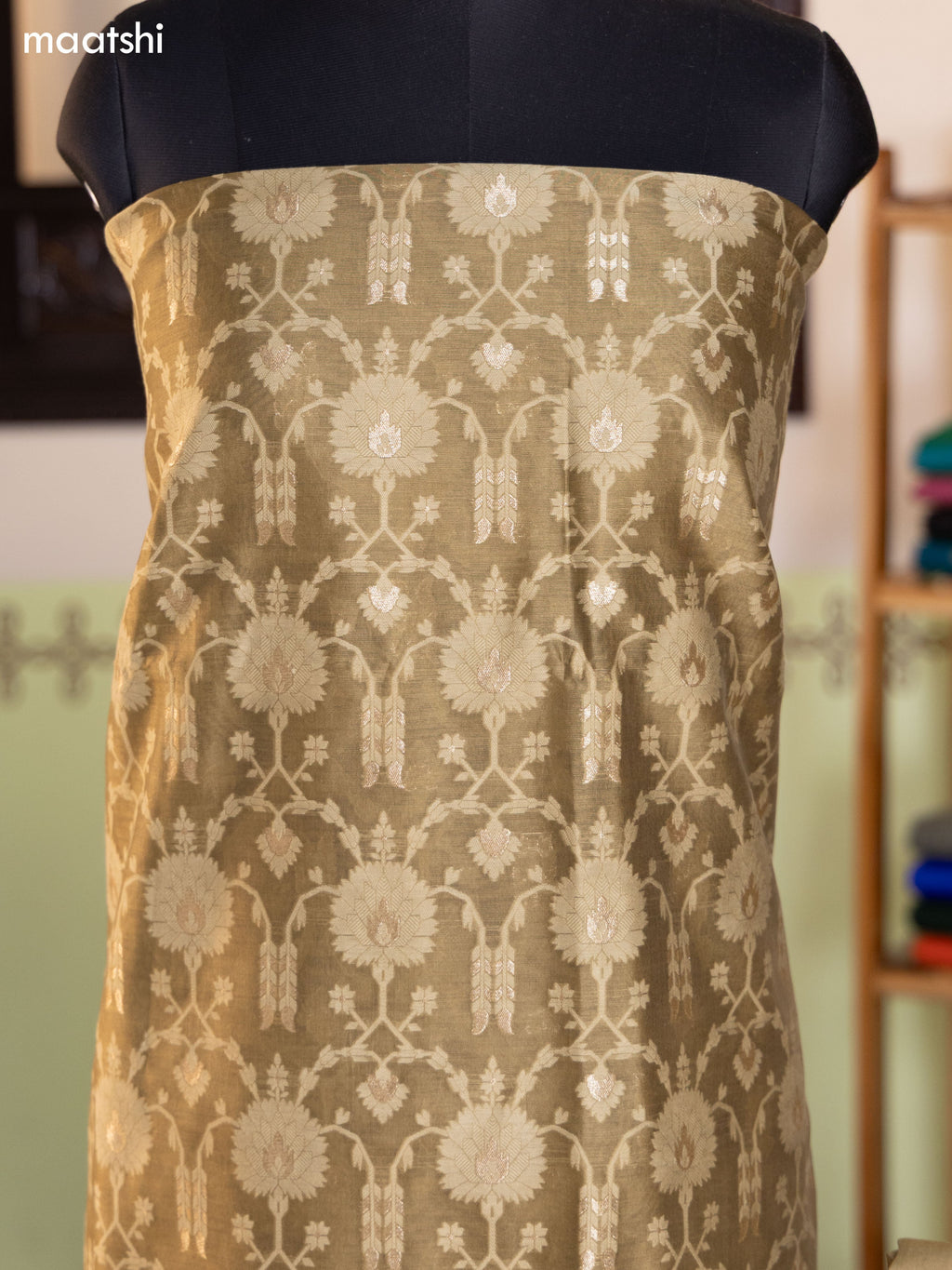 Mustard Green and Pink Chanderi Dress Material With Allover Thread & Zari Weaves and Bottom & Banarasi Style Dupatta