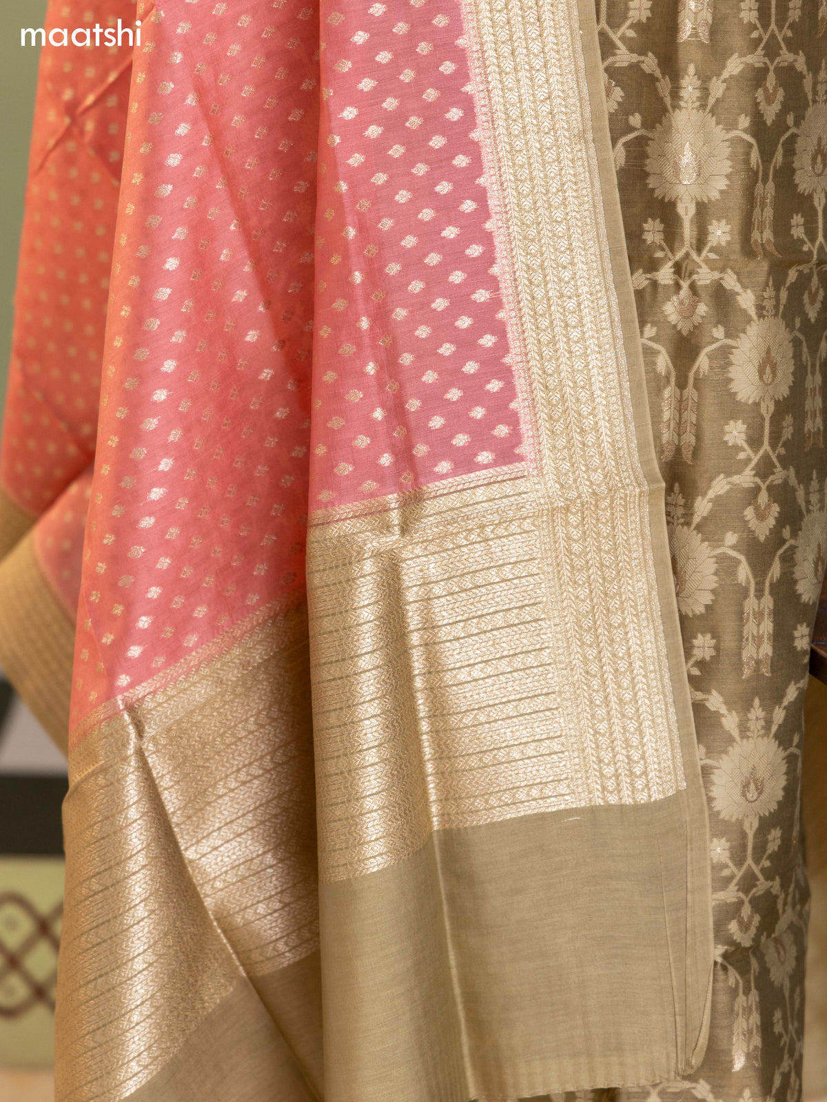 Mustard Green and Pink Chanderi Dress Material With Allover Thread & Zari Weaves and Bottom & Banarasi Style Dupatta