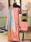 Peach Pink and Bluish Grey Chanderi Dress Material With Allover Thread & Zari Weaves and Bottom & Banarasi Style Dupatta