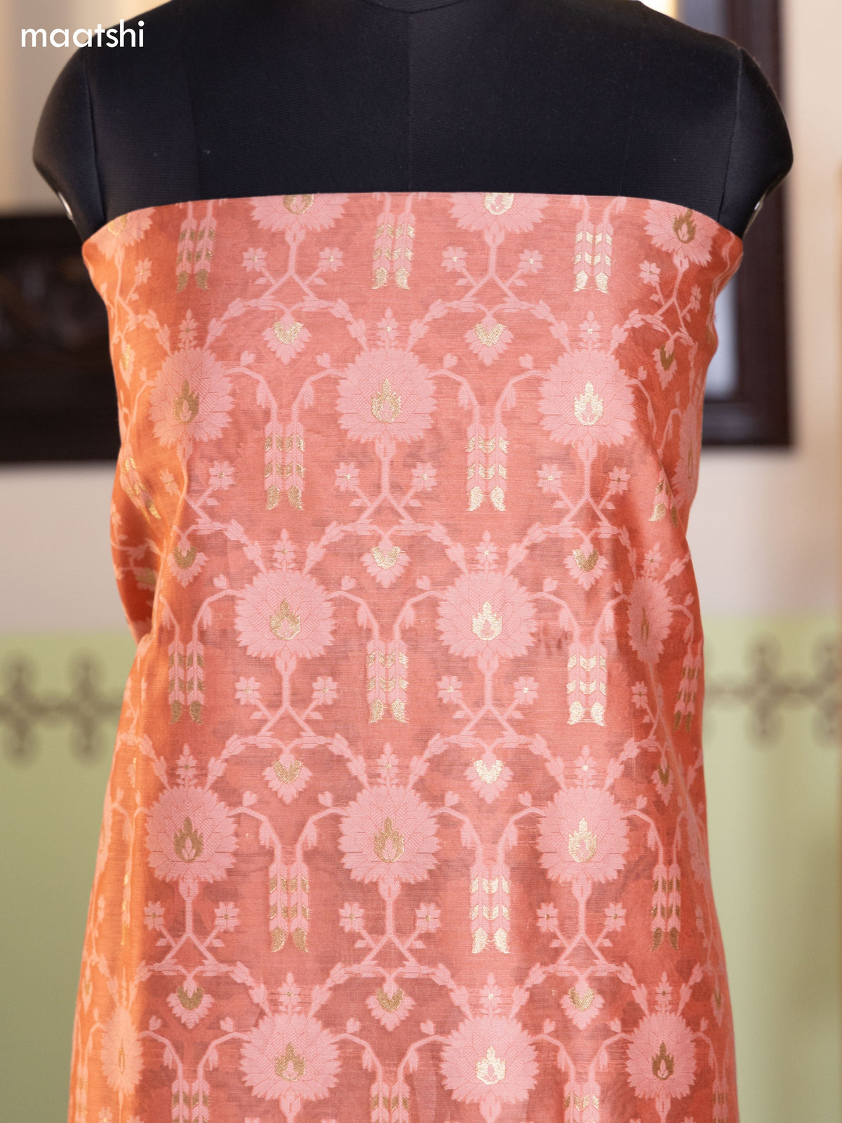 Peach Pink and Bluish Grey Chanderi Dress Material With Allover Thread & Zari Weaves and Bottom & Banarasi Style Dupatta