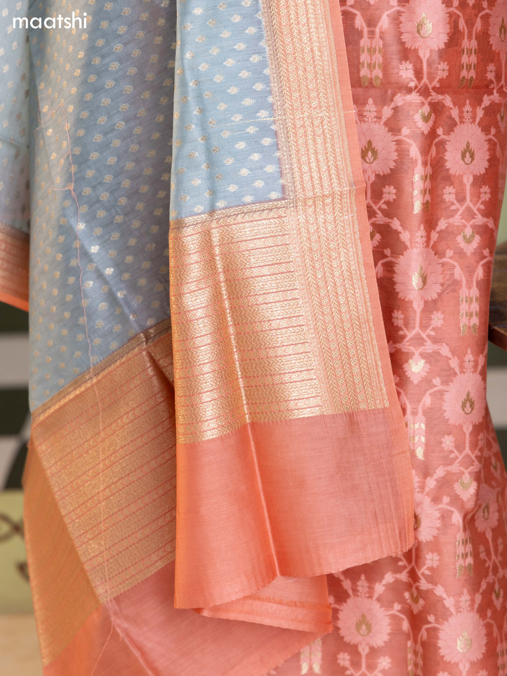 Peach Pink and Bluish Grey Chanderi Dress Material With Allover Thread & Zari Weaves and Bottom & Banarasi Style Dupatta