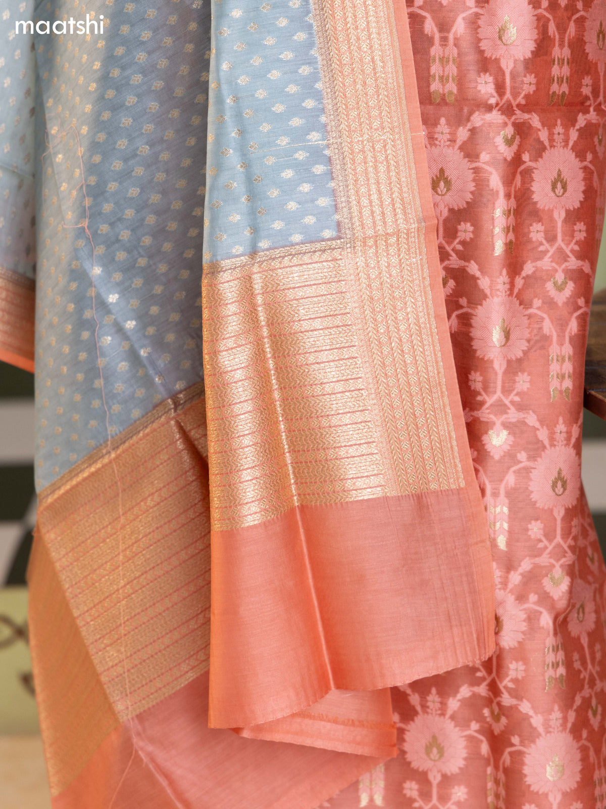 Peach Pink and Bluish Grey Chanderi Dress Material With Allover Thread & Zari Weaves and Bottom & Banarasi Style Dupatta