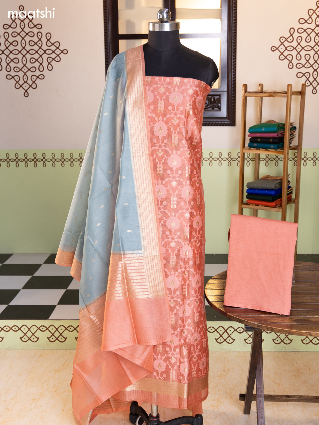 Peach Pink and Bluish Grey Chanderi Dress Material With Allover Thread & Zari Weaves and Bottom & Banarasi Style Dupatta