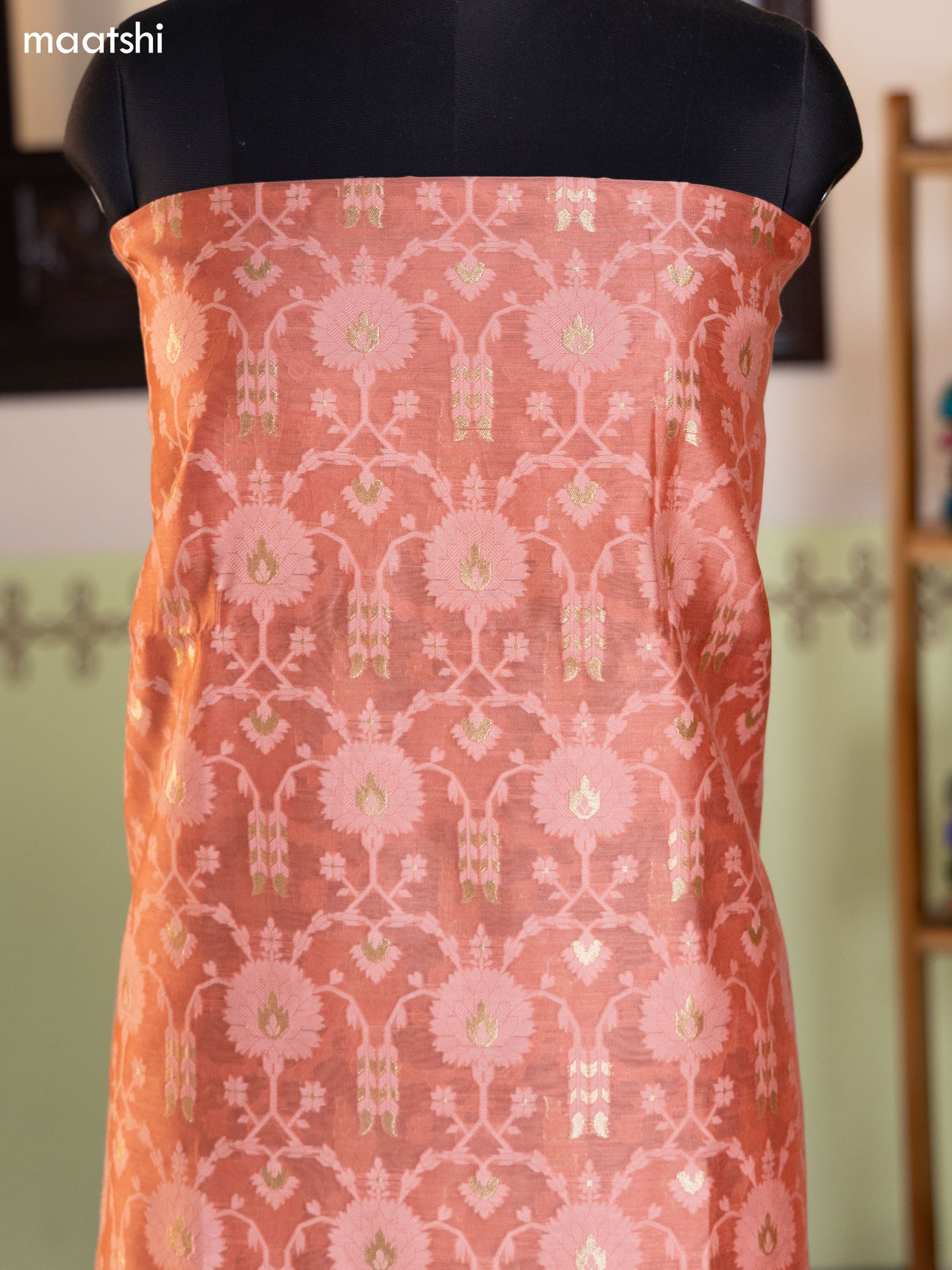 Peach Pink and Bluish Grey Chanderi Dress Material With Allover Thread & Zari Weaves and Bottom & Banarasi Style Dupatta