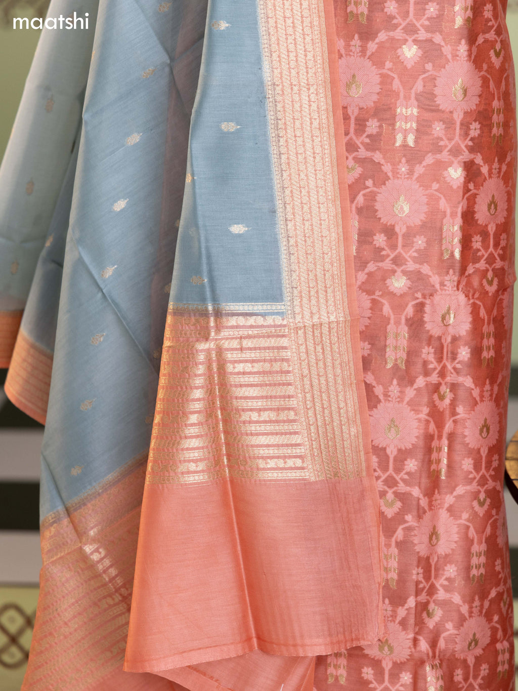 Peach Pink and Bluish Grey Chanderi Dress Material With Allover Thread & Zari Weaves and Bottom & Banarasi Style Dupatta