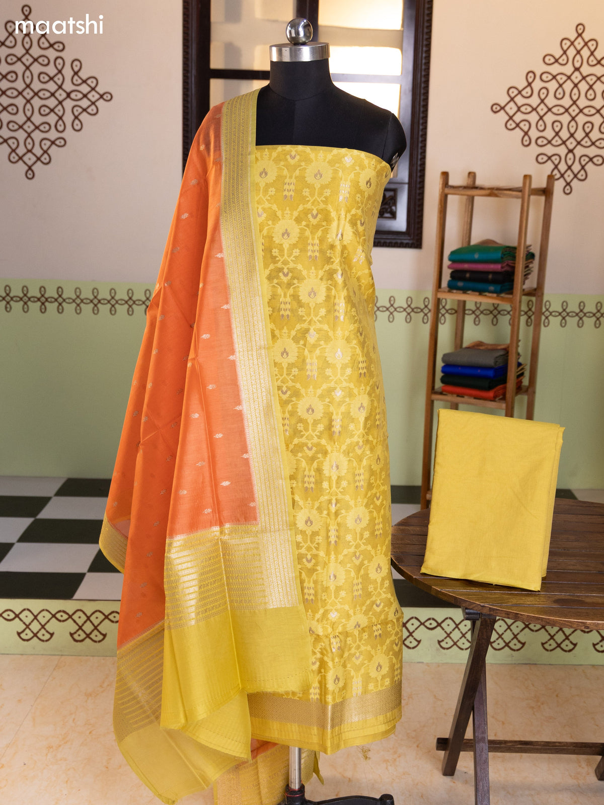 Mild Yellow and Peach Chanderi Dress Material With Allover Thread & Zari Weaves and Bottom & Banarasi Style Dupatta