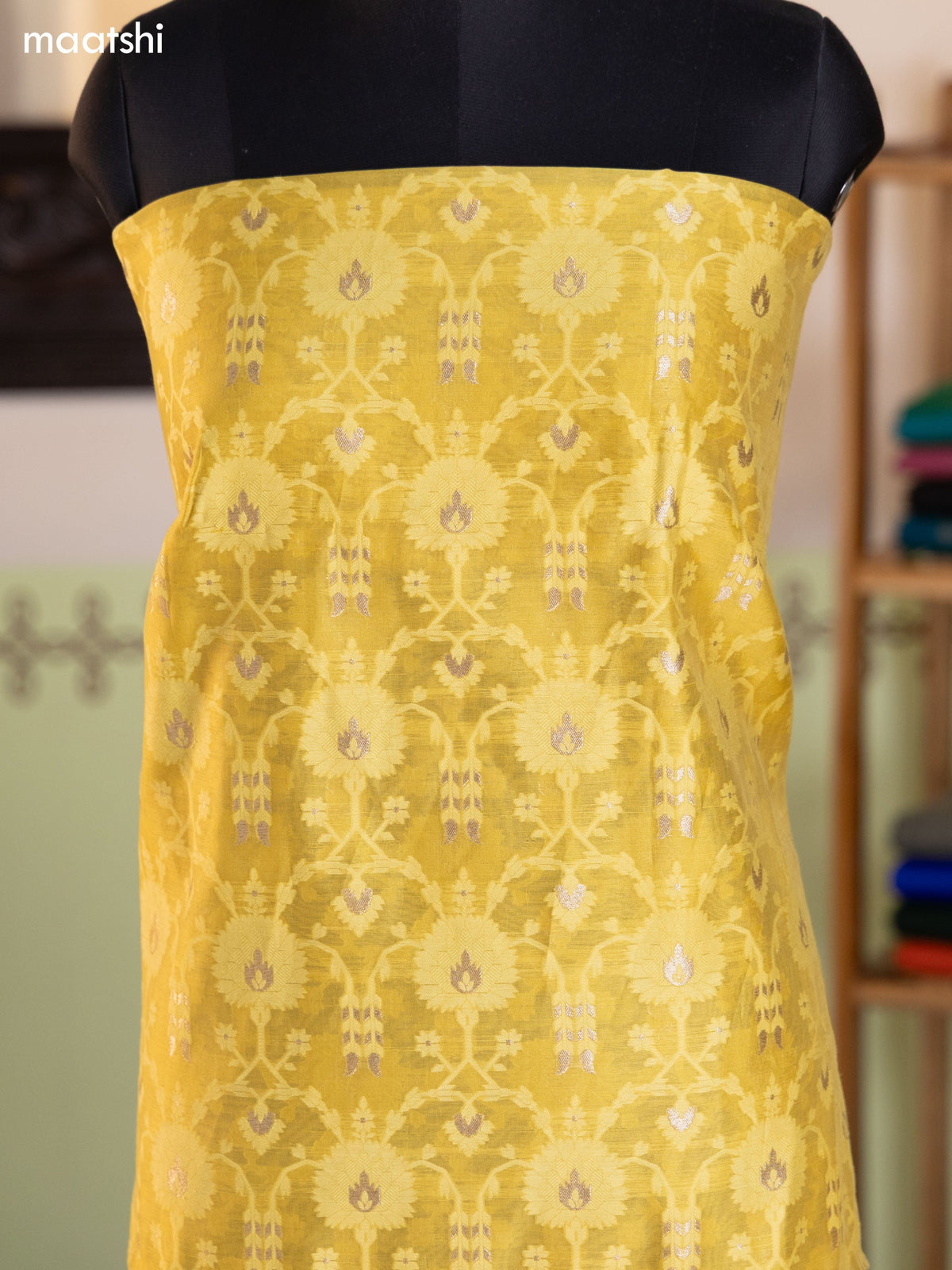 Mild Yellow and Peach Chanderi Dress Material With Allover Thread & Zari Weaves and Bottom & Banarasi Style Dupatta