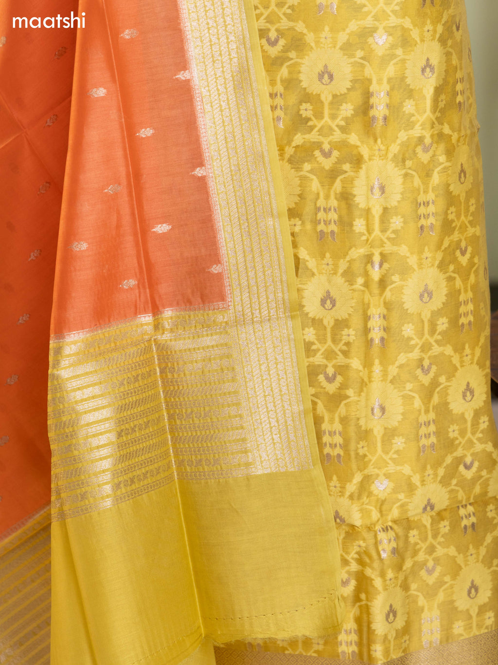 Mild Yellow and Peach Chanderi Dress Material With Allover Thread & Zari Weaves and Bottom & Banarasi Style Dupatta