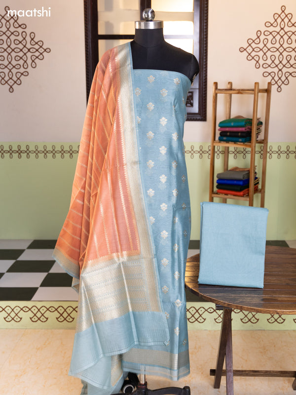 Bluish Grey and Peach Chanderi Dress Material With Thread & Zari Buttas and Bottom & Banarasi Style Dupatta
