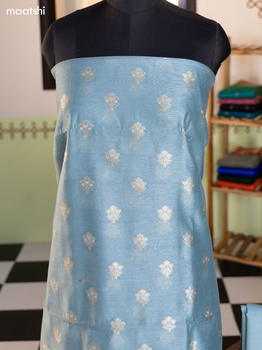 Bluish Grey and Peach Chanderi Dress Material With Thread & Zari Buttas and Bottom & Banarasi Style Dupatta