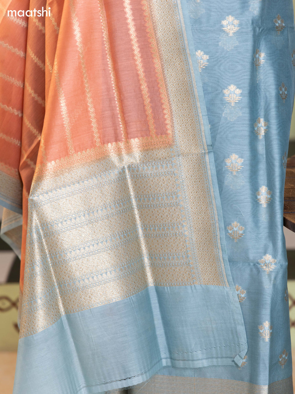 Bluish Grey and Peach Chanderi Dress Material With Thread & Zari Buttas and Bottom & Banarasi Style Dupatta