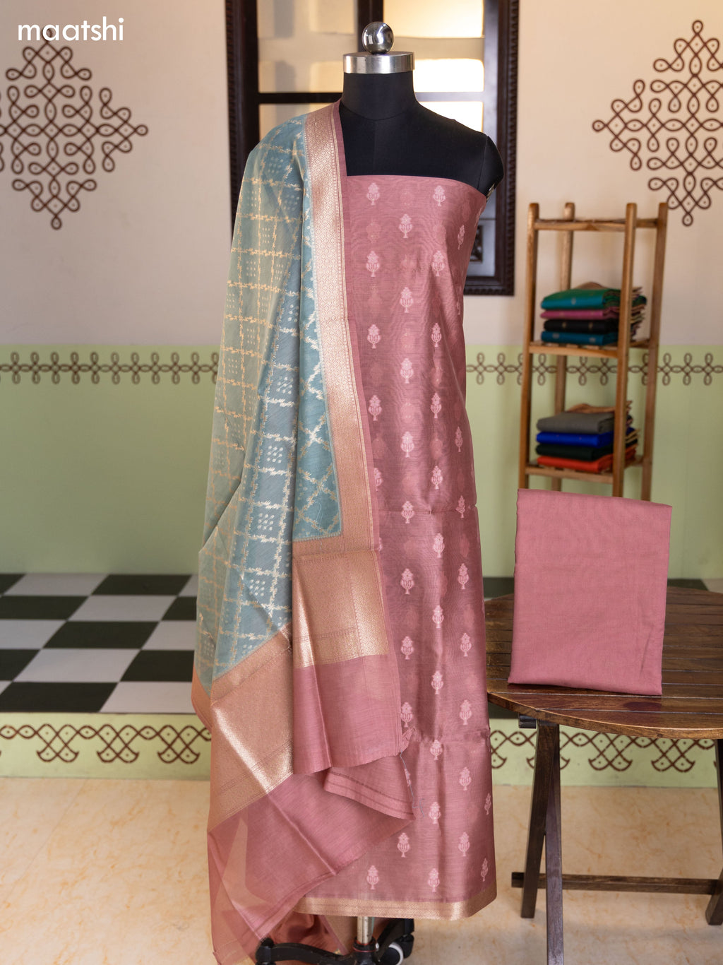 Mauve Pink and Bluish Grey Chanderi Dress Material With Thread & Zari Buttas and Bottom & Banarasi Style Dupatta