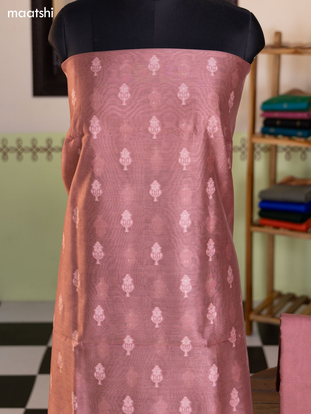 Mauve Pink and Bluish Grey Chanderi Dress Material With Thread & Zari Buttas and Bottom & Banarasi Style Dupatta