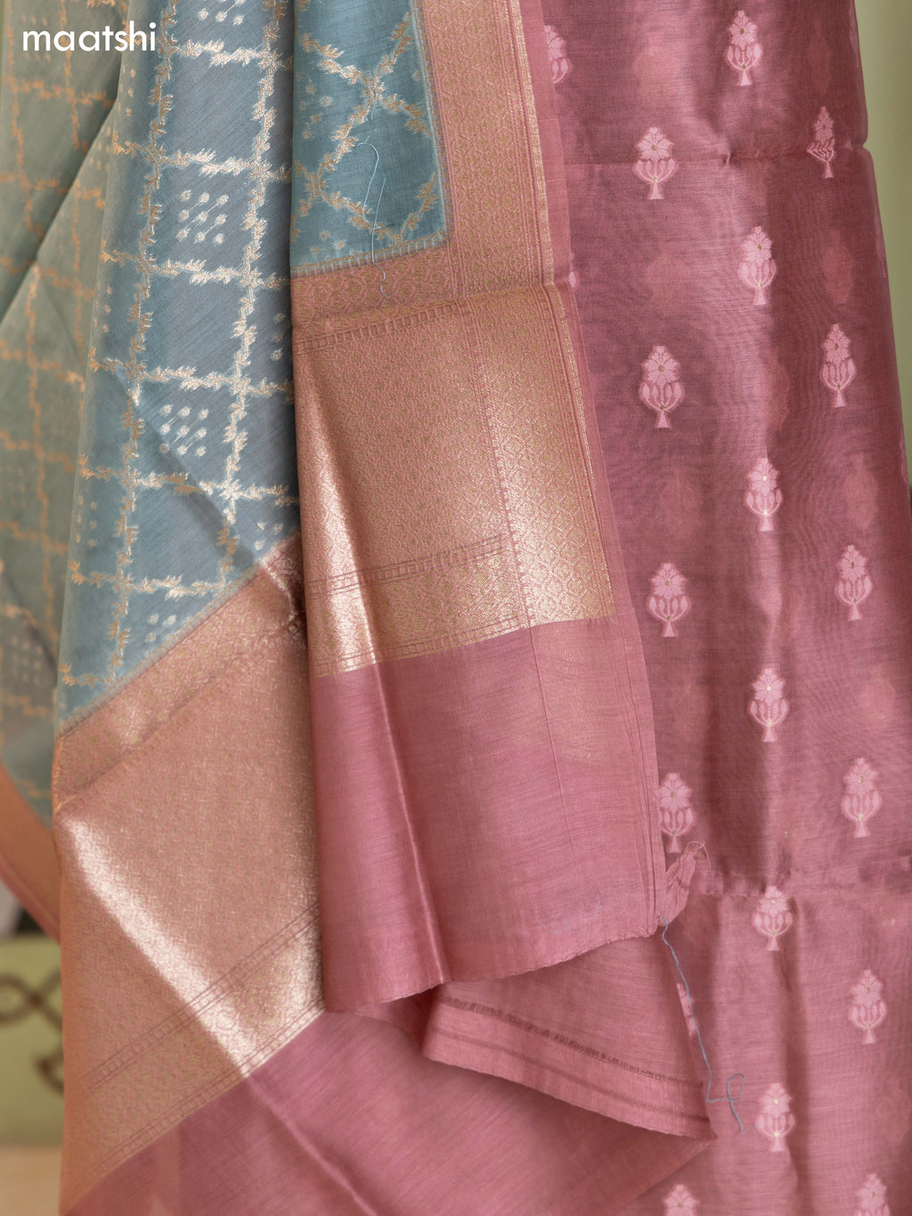 Mauve Pink and Bluish Grey Chanderi Dress Material With Thread & Zari Buttas and Bottom & Banarasi Style Dupatta