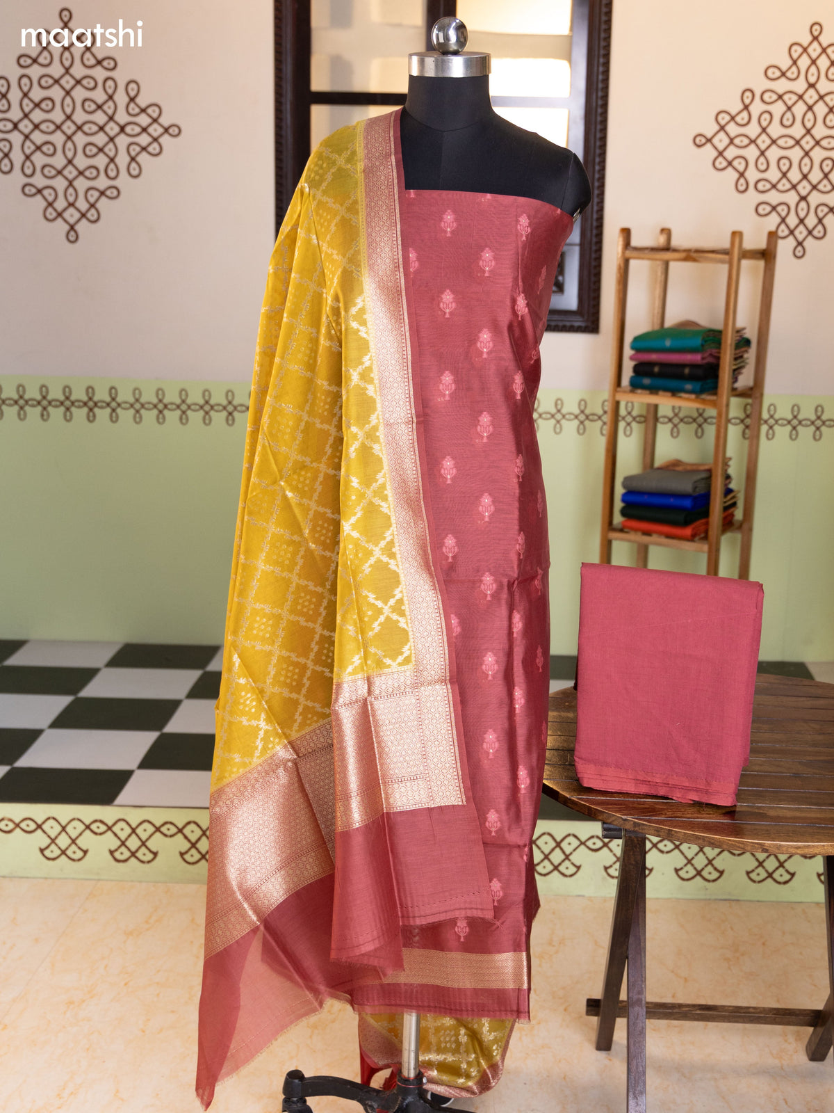 Mauve Pink and Lime Yellow Chanderi Dress Material With Thread & Zari Buttas and Bottom & Banarasi Style Dupatta