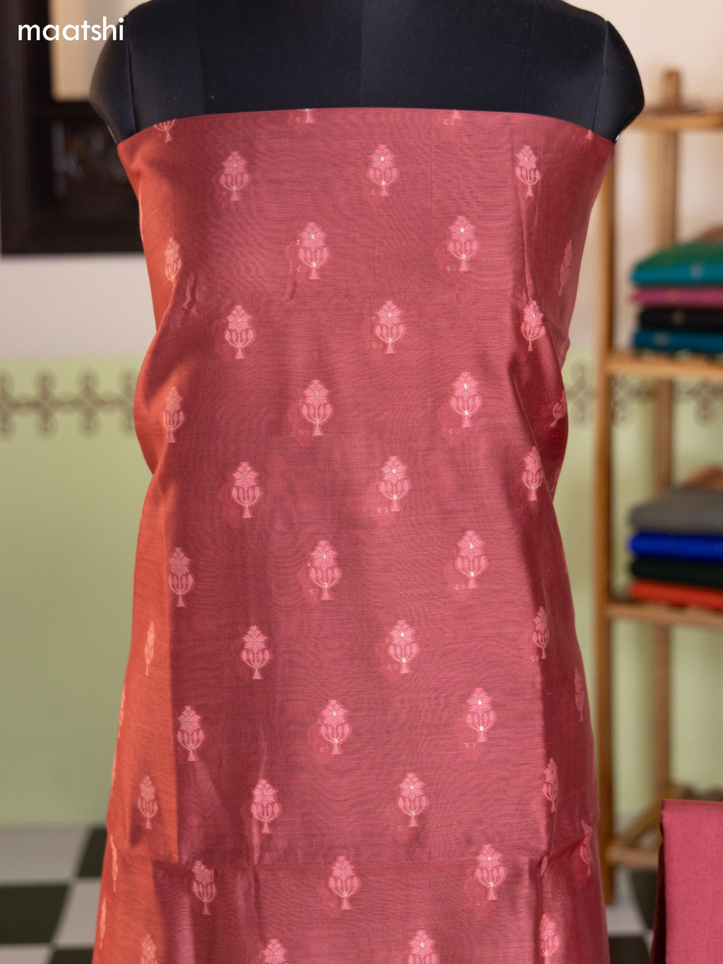 Mauve Pink and Lime Yellow Chanderi Dress Material With Thread & Zari Buttas and Bottom & Banarasi Style Dupatta