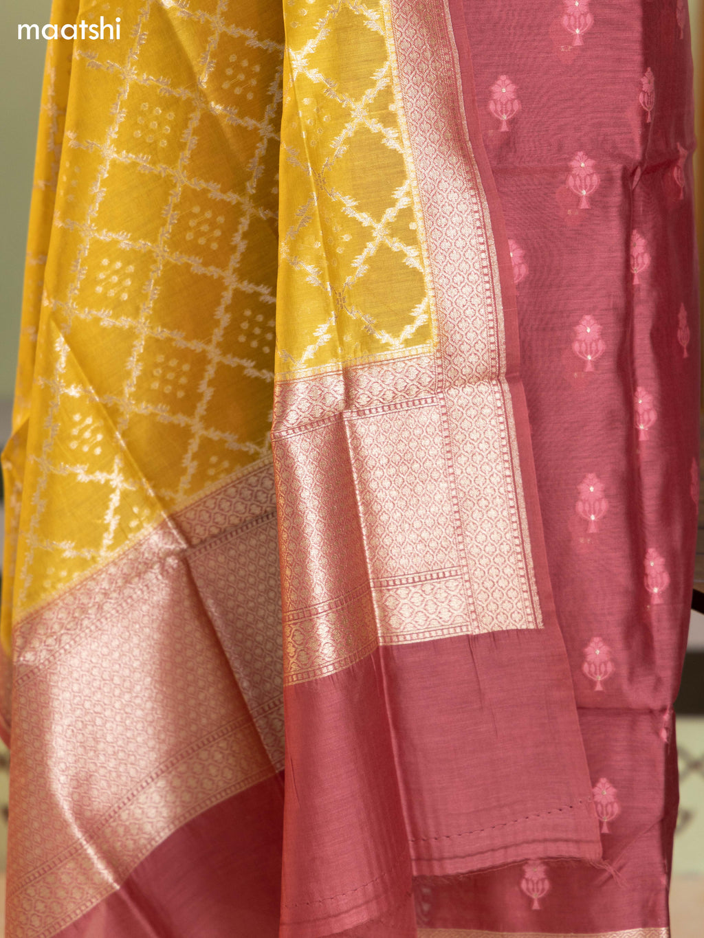 Mauve Pink and Lime Yellow Chanderi Dress Material With Thread & Zari Buttas and Bottom & Banarasi Style Dupatta