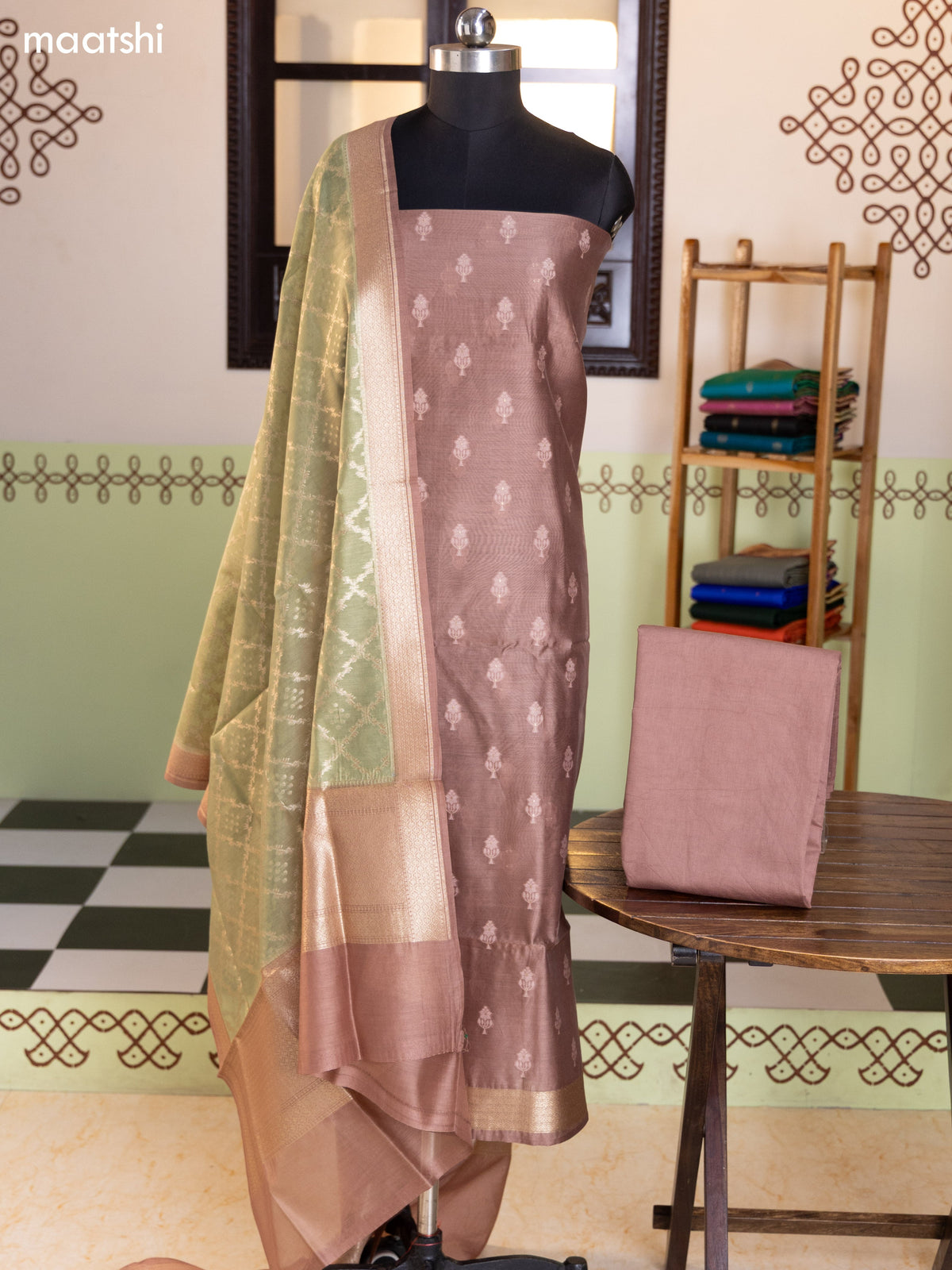 Pastel Brown and Mild Green Chanderi Dress Material With Thread & Zari Buttas and Bottom & Banarasi Style Dupatta