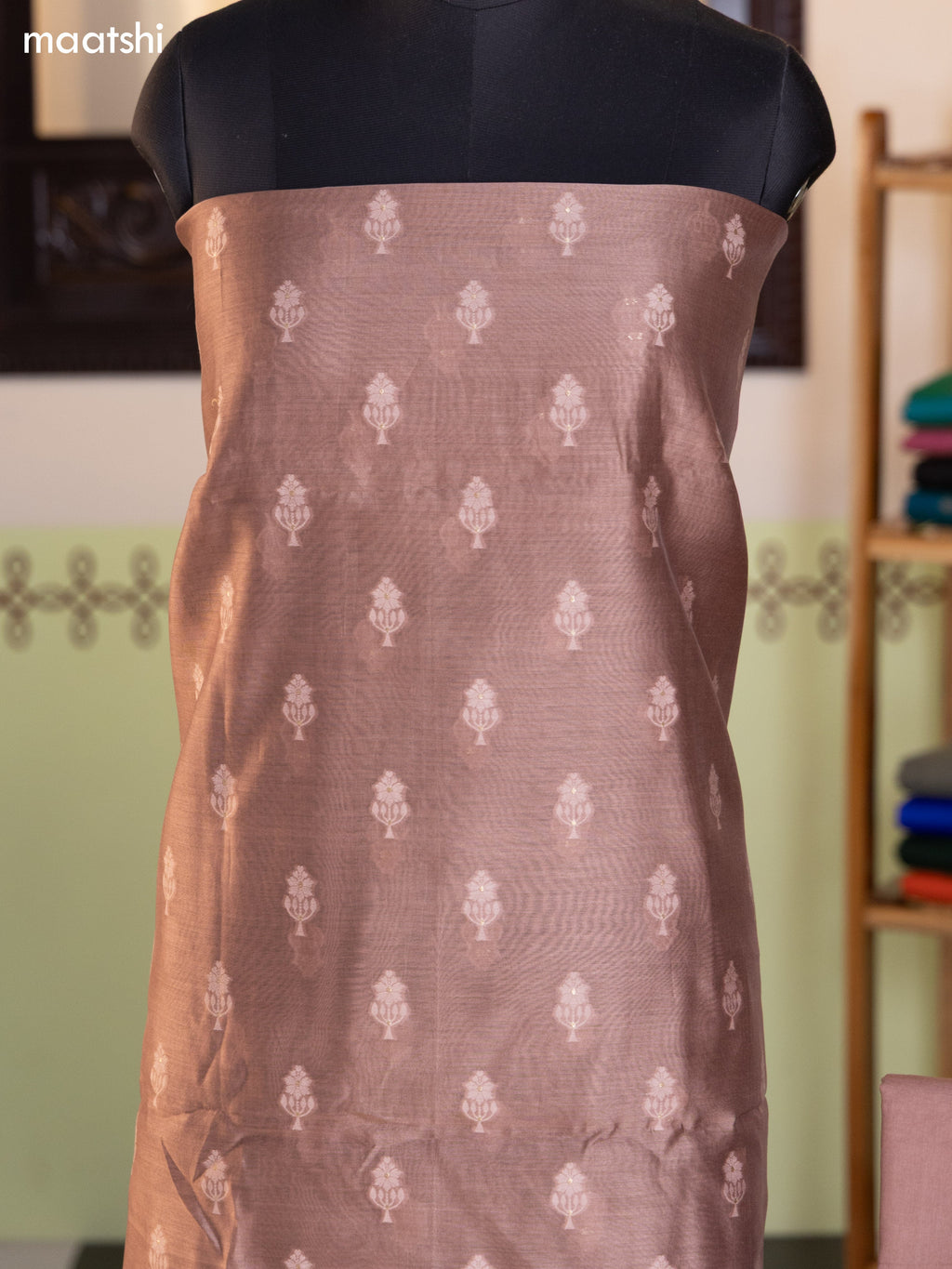 Pastel Brown and Mild Green Chanderi Dress Material With Thread & Zari Buttas and Bottom & Banarasi Style Dupatta