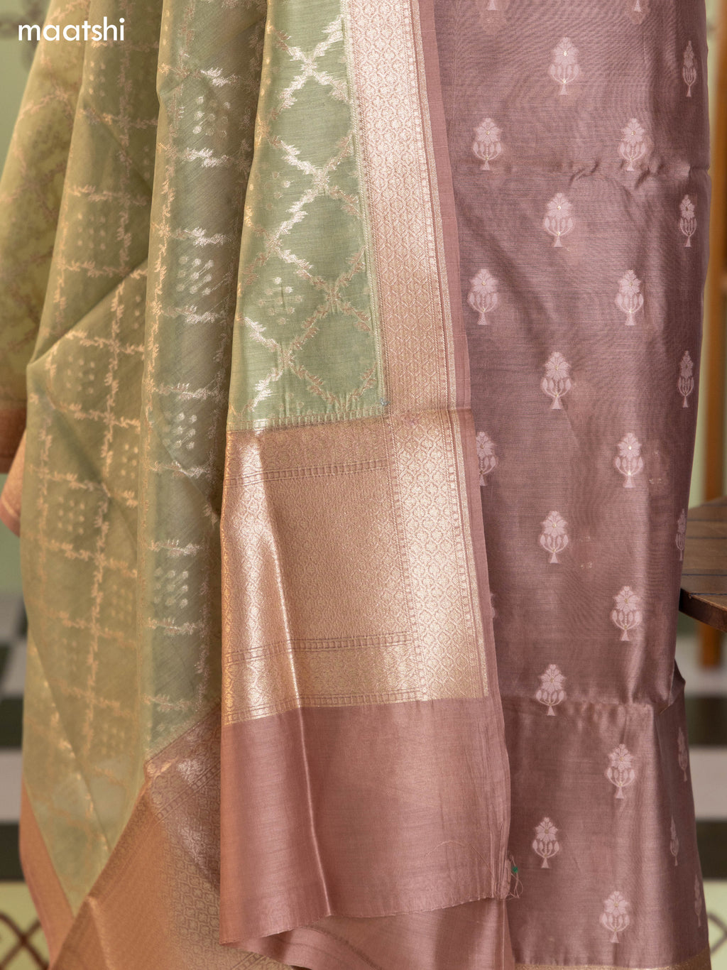 Pastel Brown and Mild Green Chanderi Dress Material With Thread & Zari Buttas and Bottom & Banarasi Style Dupatta