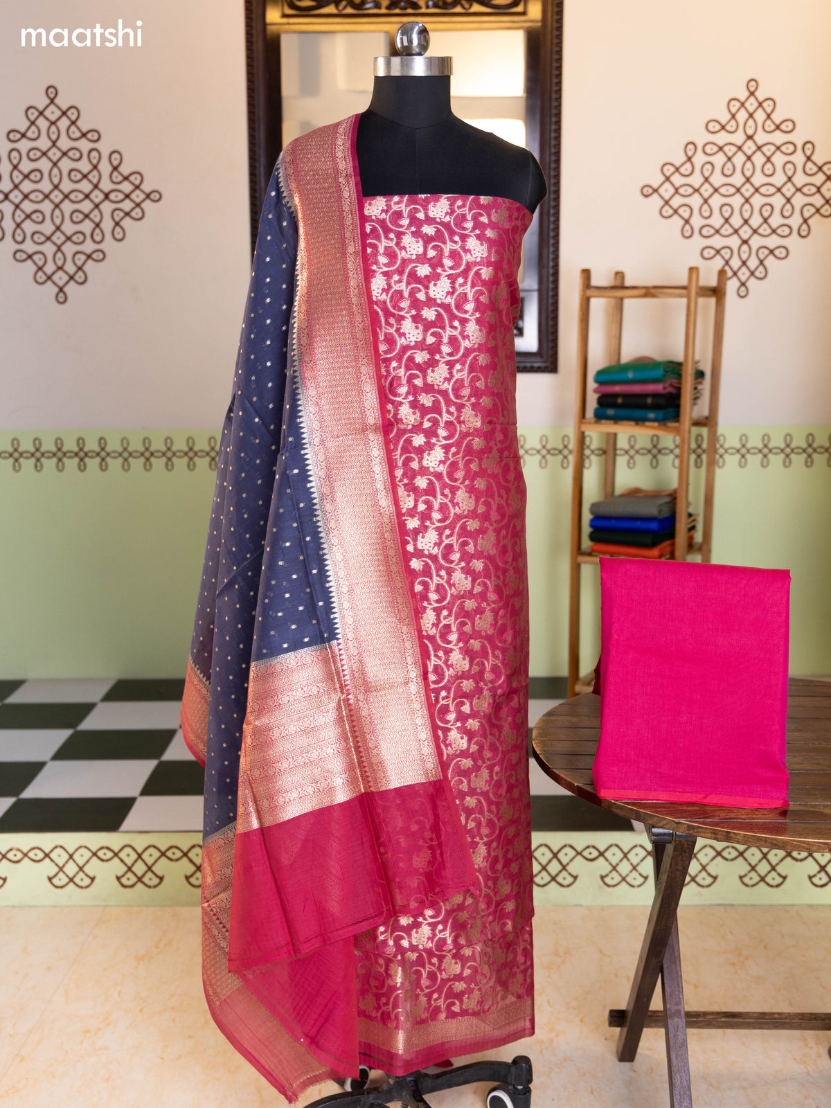 Magenta Pink and Blue Chanderi Dress Material With Pichwai Design & Zari Weaves and Bottom & Banarasi Style Dupatta