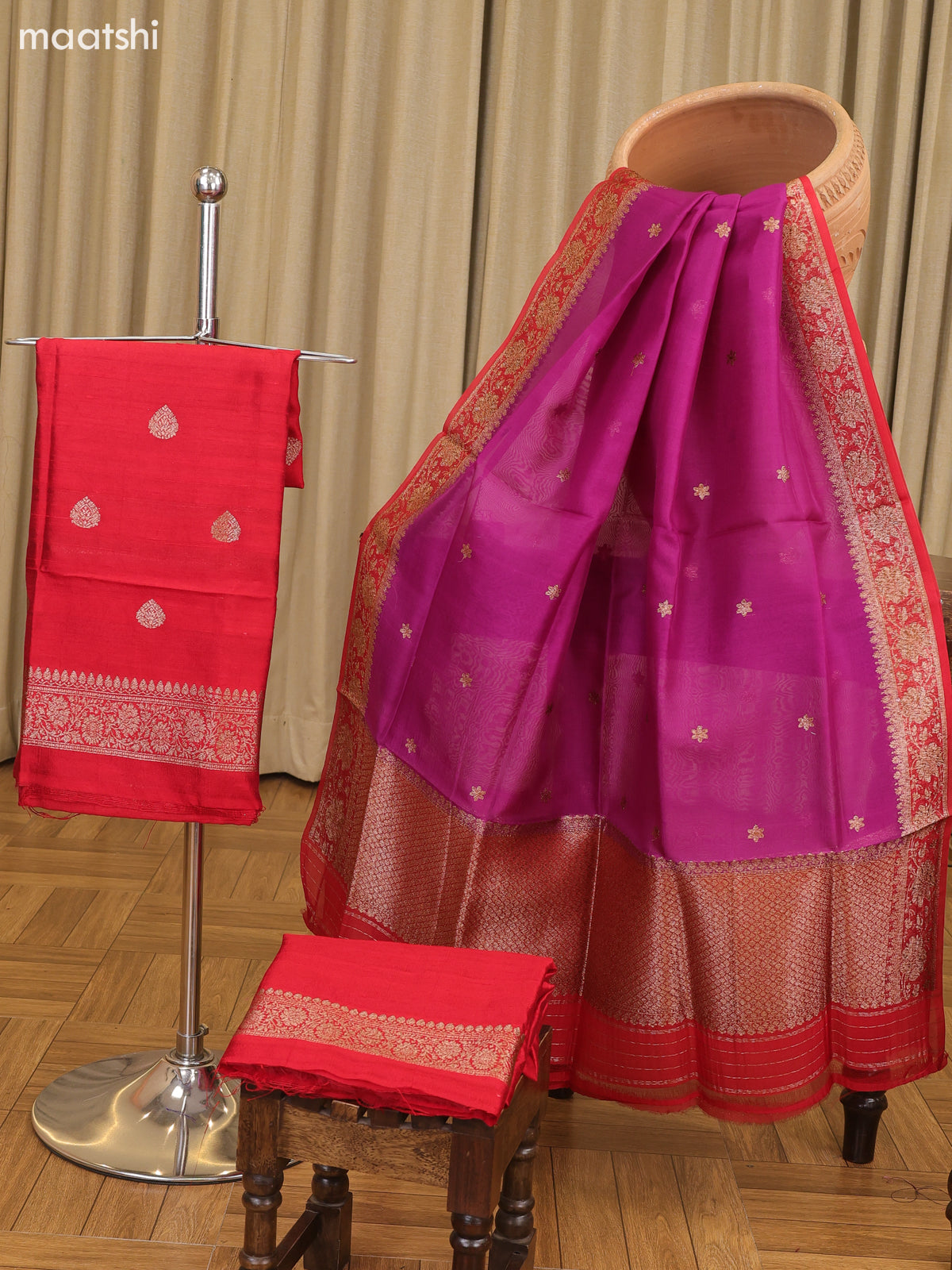 Red and Purple Matka Tussar Dress Material With Woven Buttas and Bottom & Organza Dupatta
