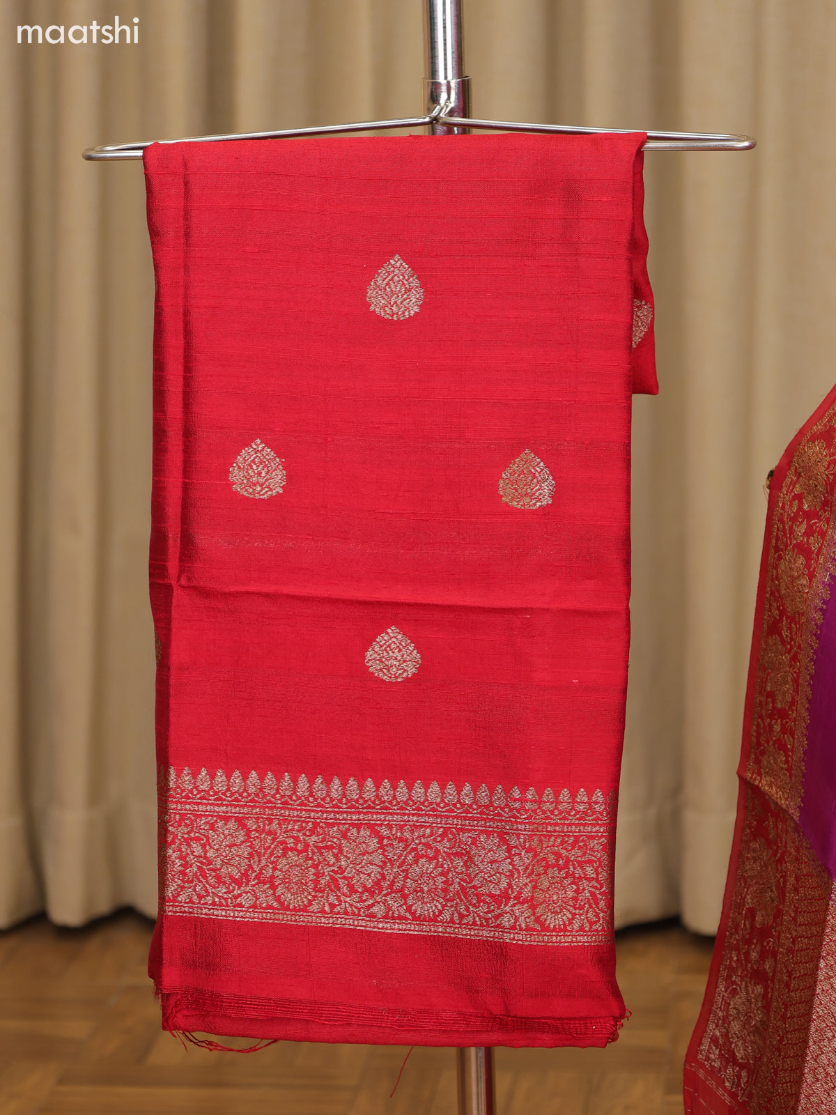 Red and Purple Matka Tussar Dress Material With Woven Buttas and Bottom & Organza Dupatta