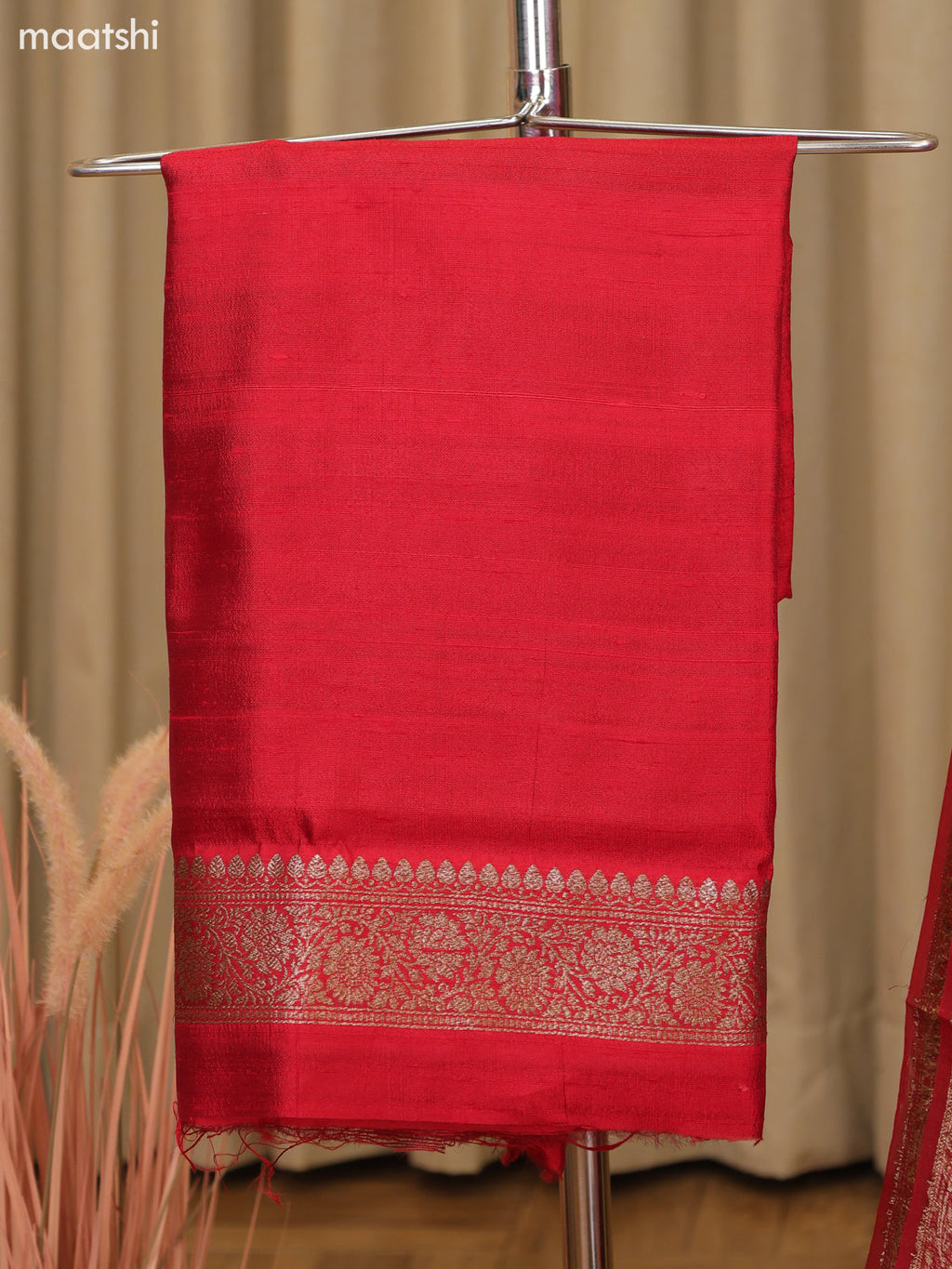 Red and Purple Matka Tussar Dress Material With Woven Buttas and Bottom & Organza Dupatta