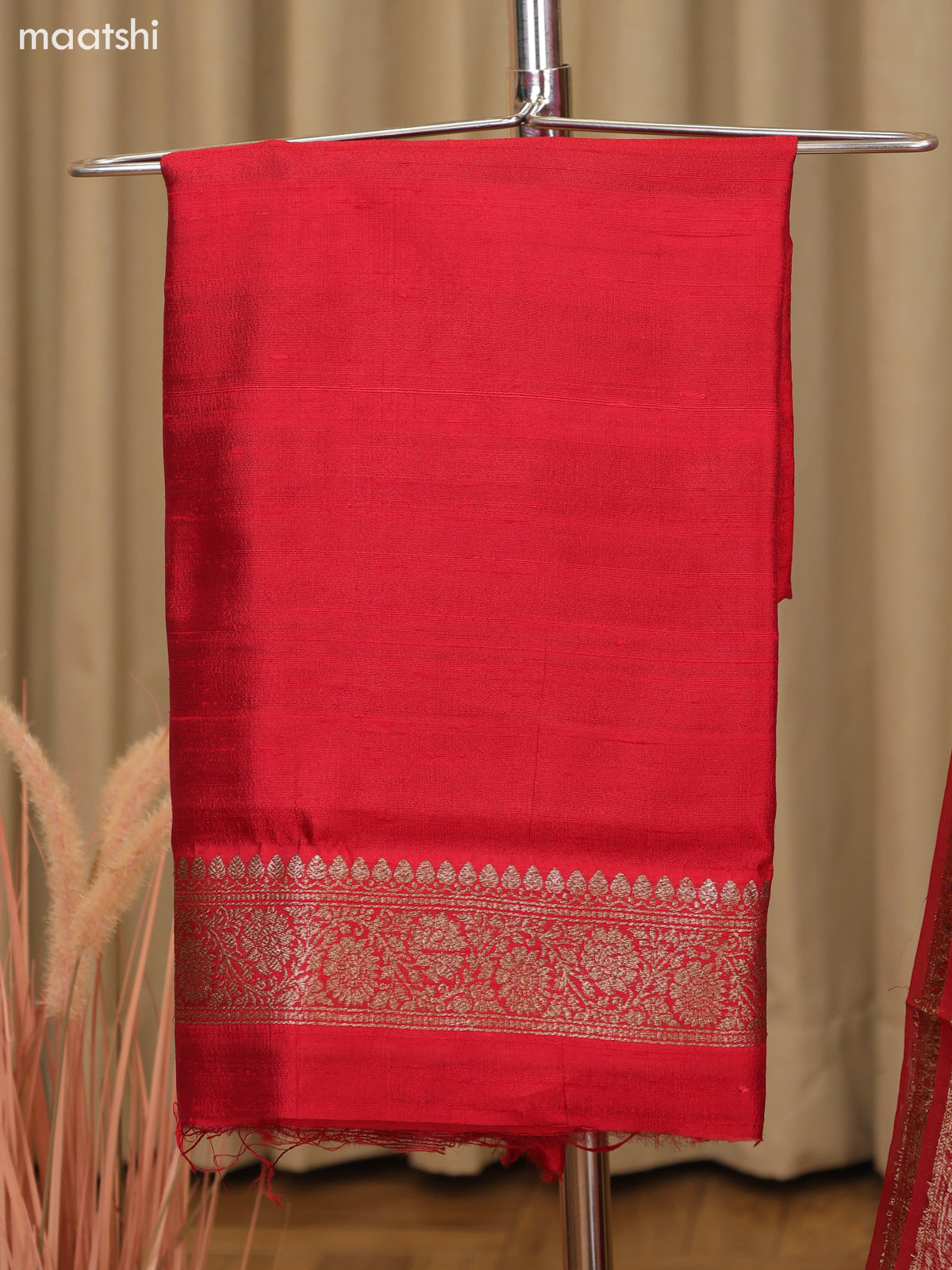 Red and Purple Matka Tussar Dress Material With Woven Buttas and Bottom & Organza Dupatta