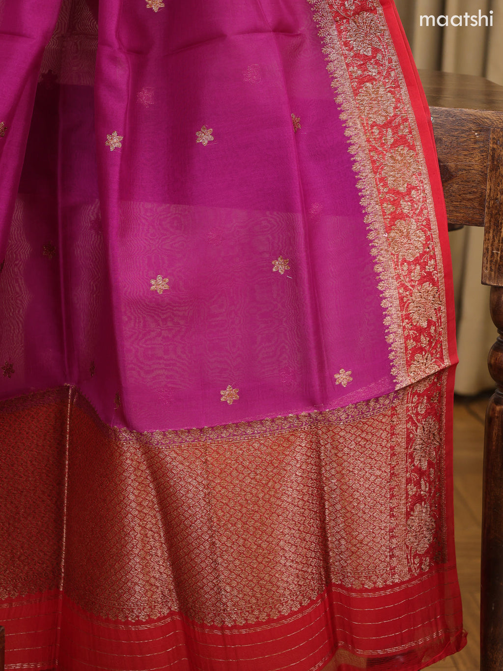 Red and Purple Matka Tussar Dress Material With Woven Buttas and Bottom & Organza Dupatta