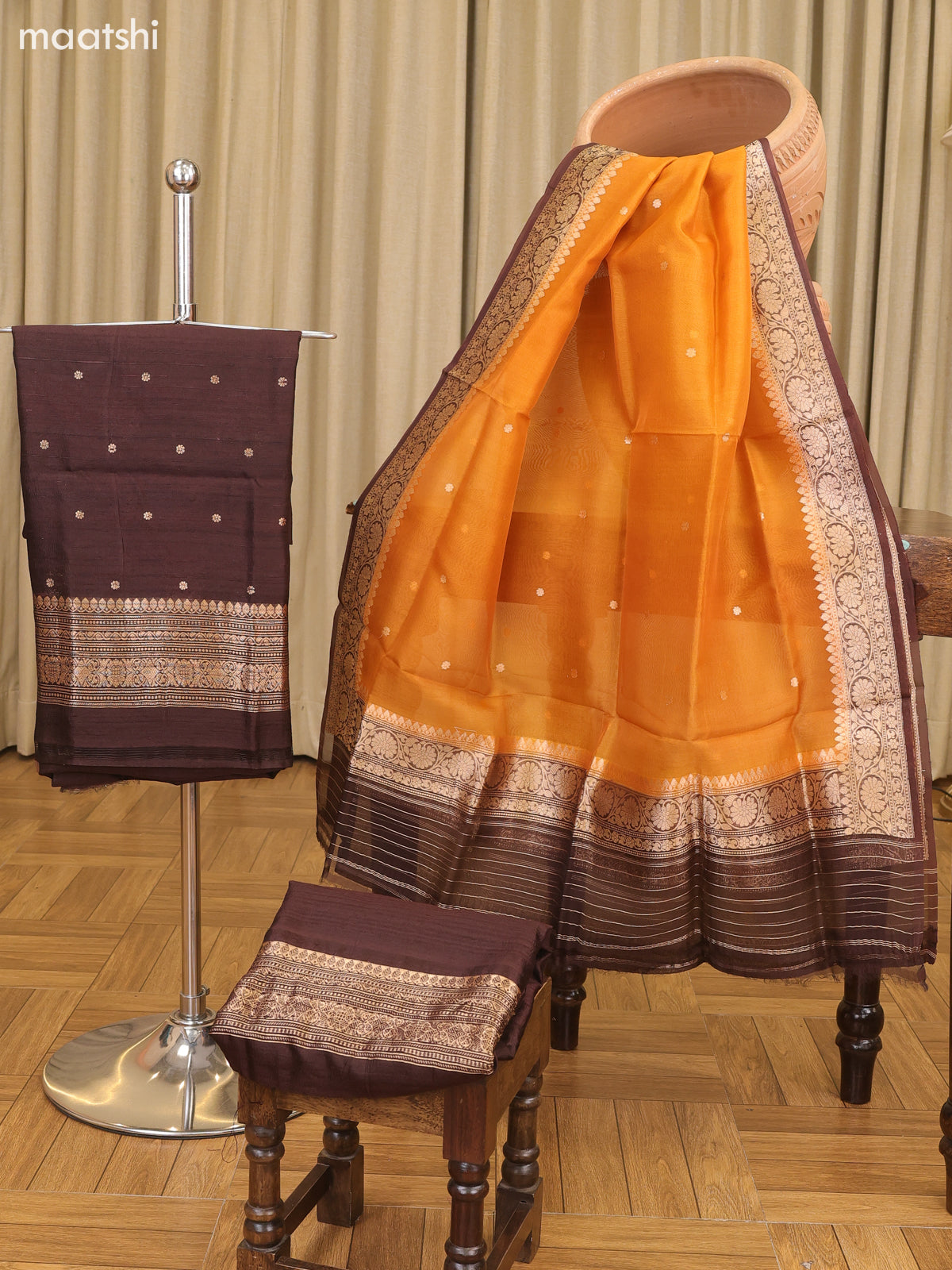 Coffee Brown and Rustic Orange Matka Tussar Dress Material With Woven Buttas and Bottom & Organza Dupatta