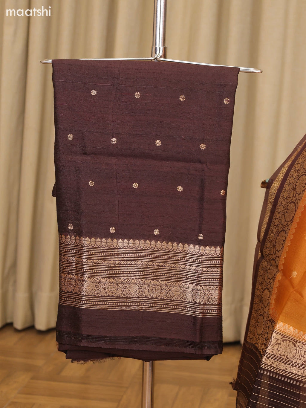 Coffee Brown and Rustic Orange Matka Tussar Dress Material With Woven Buttas and Bottom & Organza Dupatta