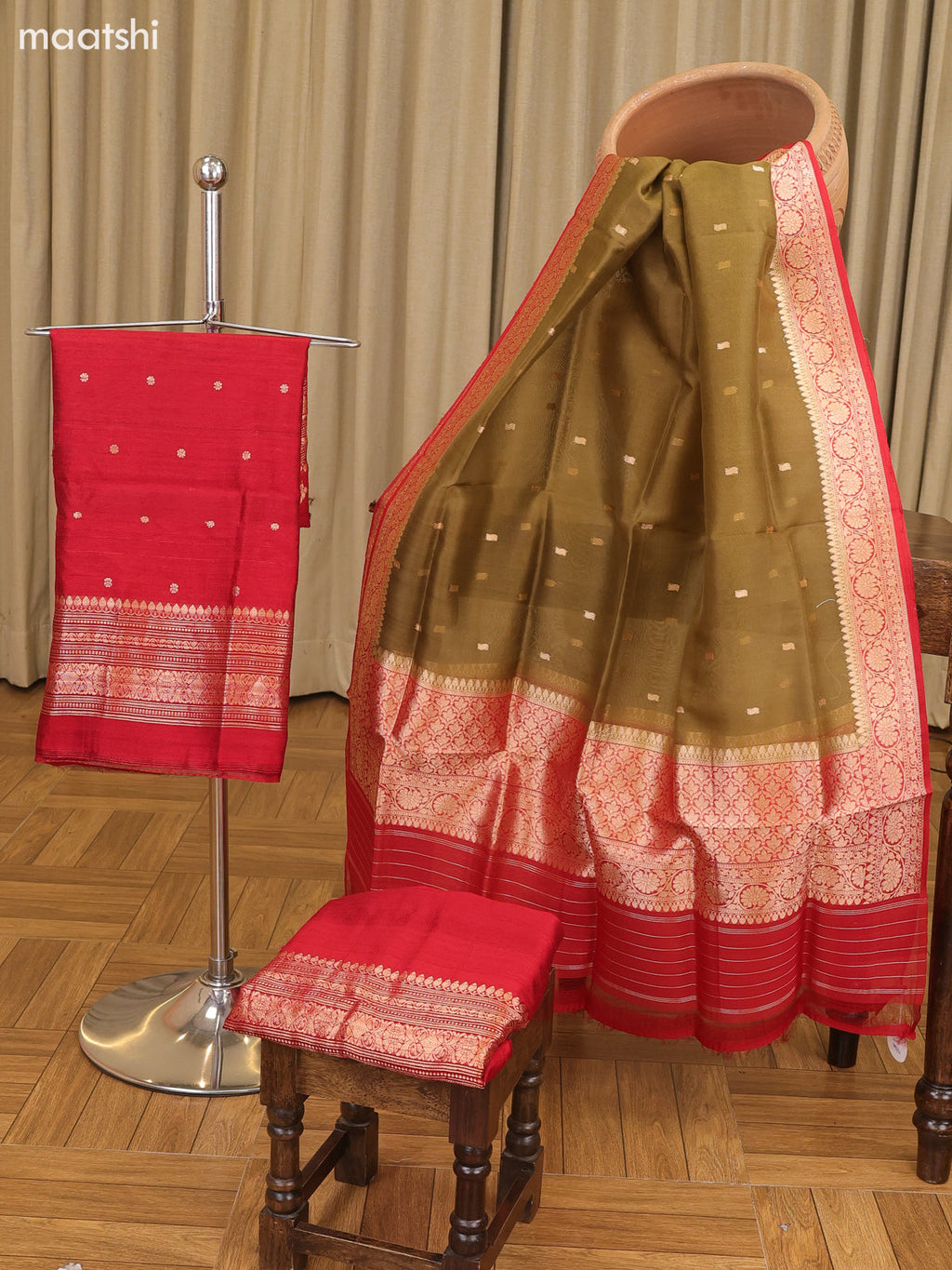 Ruby Red and Dark Sandal Matka Tussar Dress Material With Woven Buttas and Bottom & Organza Dupatta