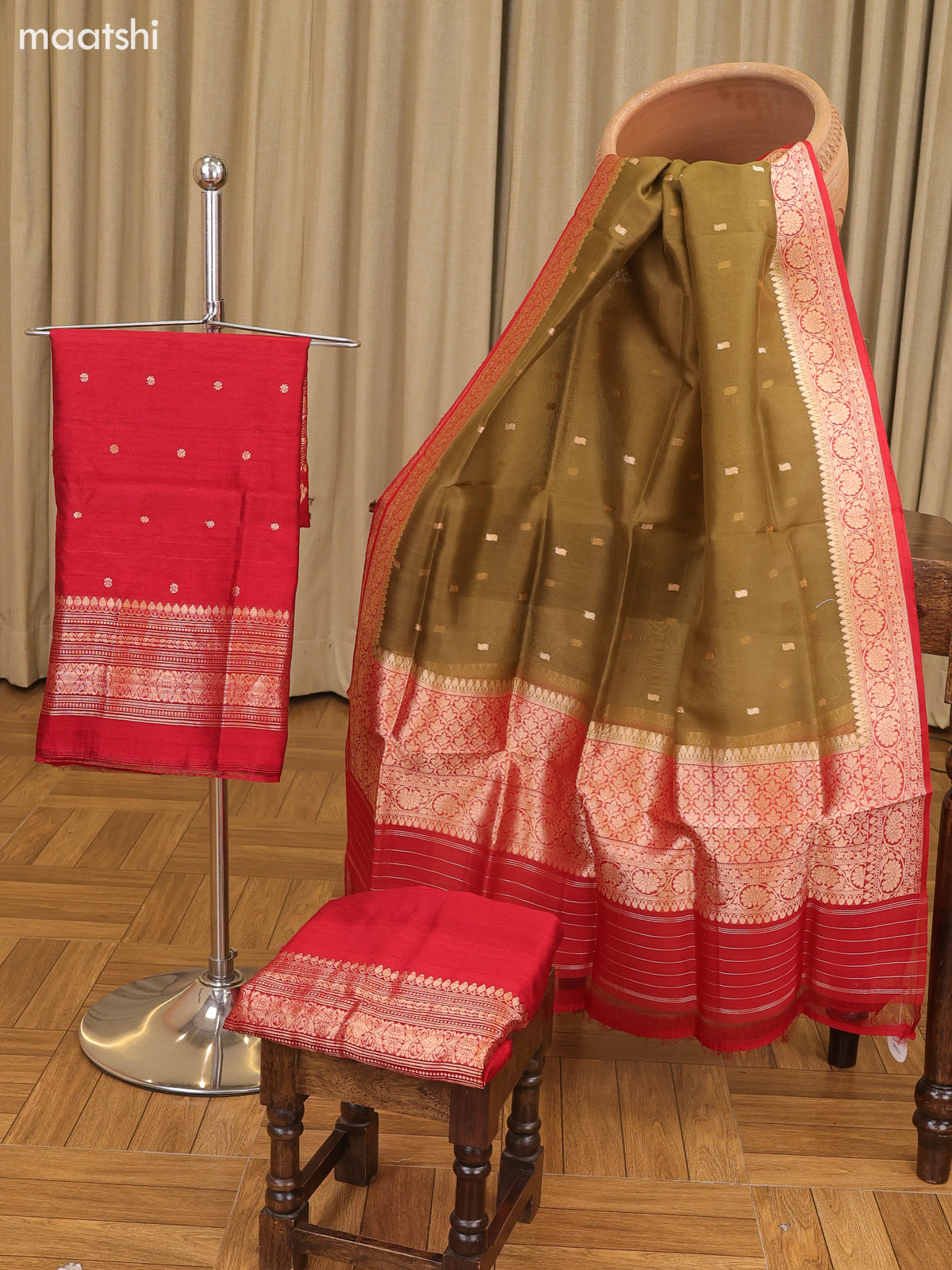 Ruby Red and Dark Sandal Matka Tussar Dress Material With Woven Buttas and Bottom & Organza Dupatta
