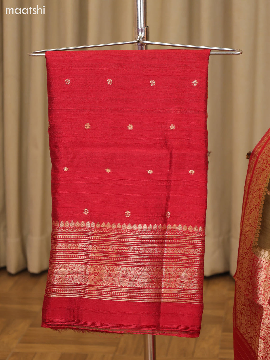 Ruby Red and Dark Sandal Matka Tussar Dress Material With Woven Buttas and Bottom & Organza Dupatta