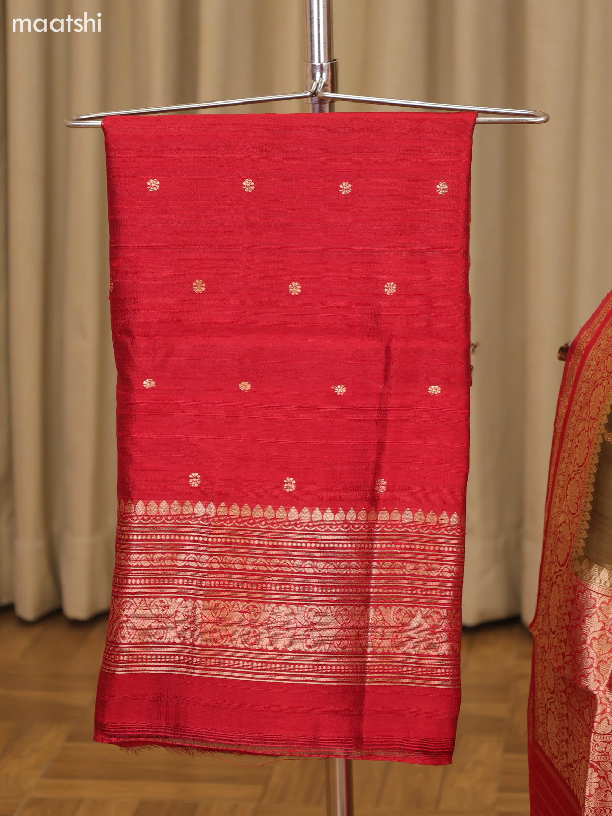 Ruby Red and Dark Sandal Matka Tussar Dress Material With Woven Buttas and Bottom & Organza Dupatta