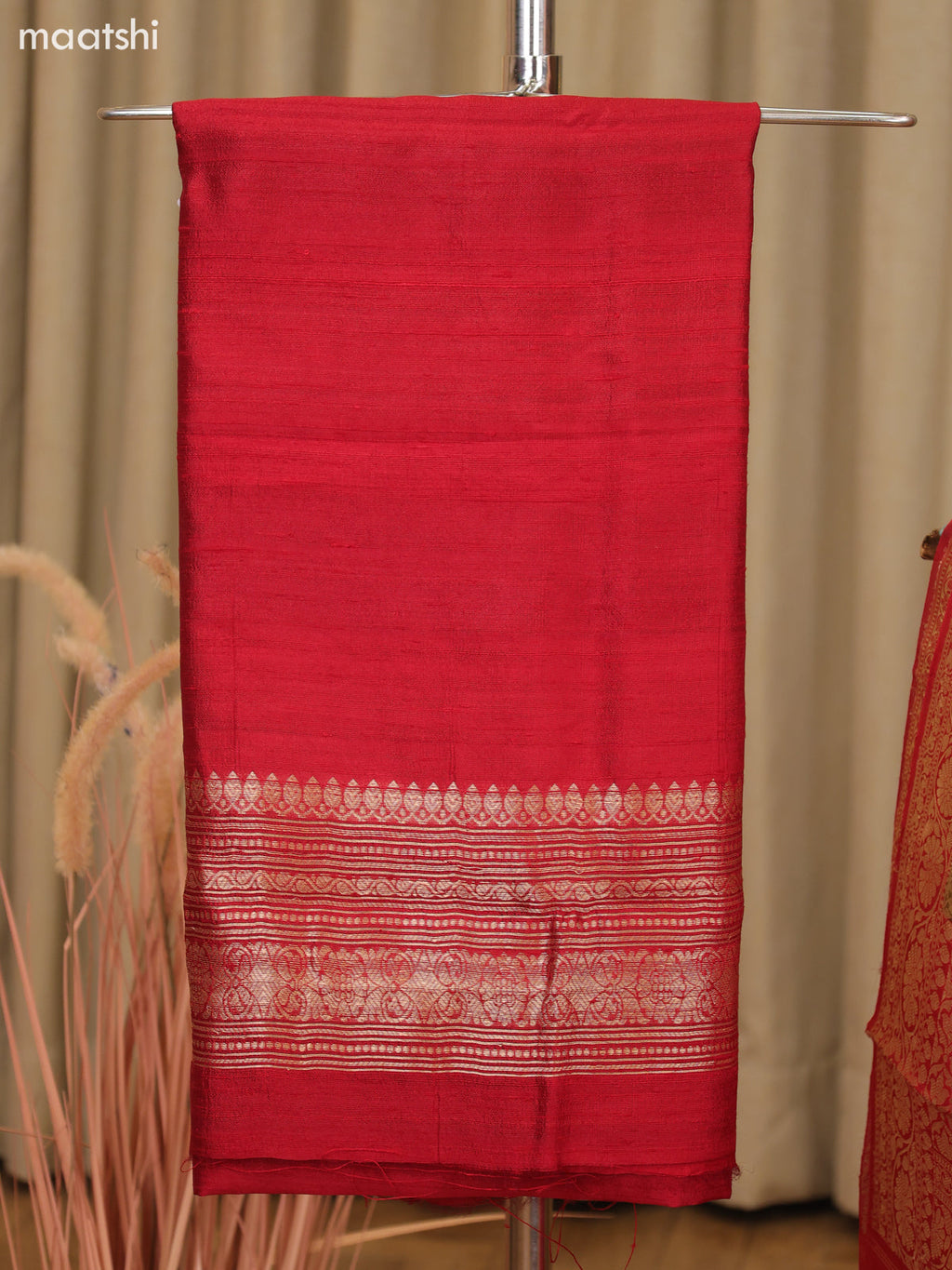 Ruby Red and Dark Sandal Matka Tussar Dress Material With Woven Buttas and Bottom & Organza Dupatta