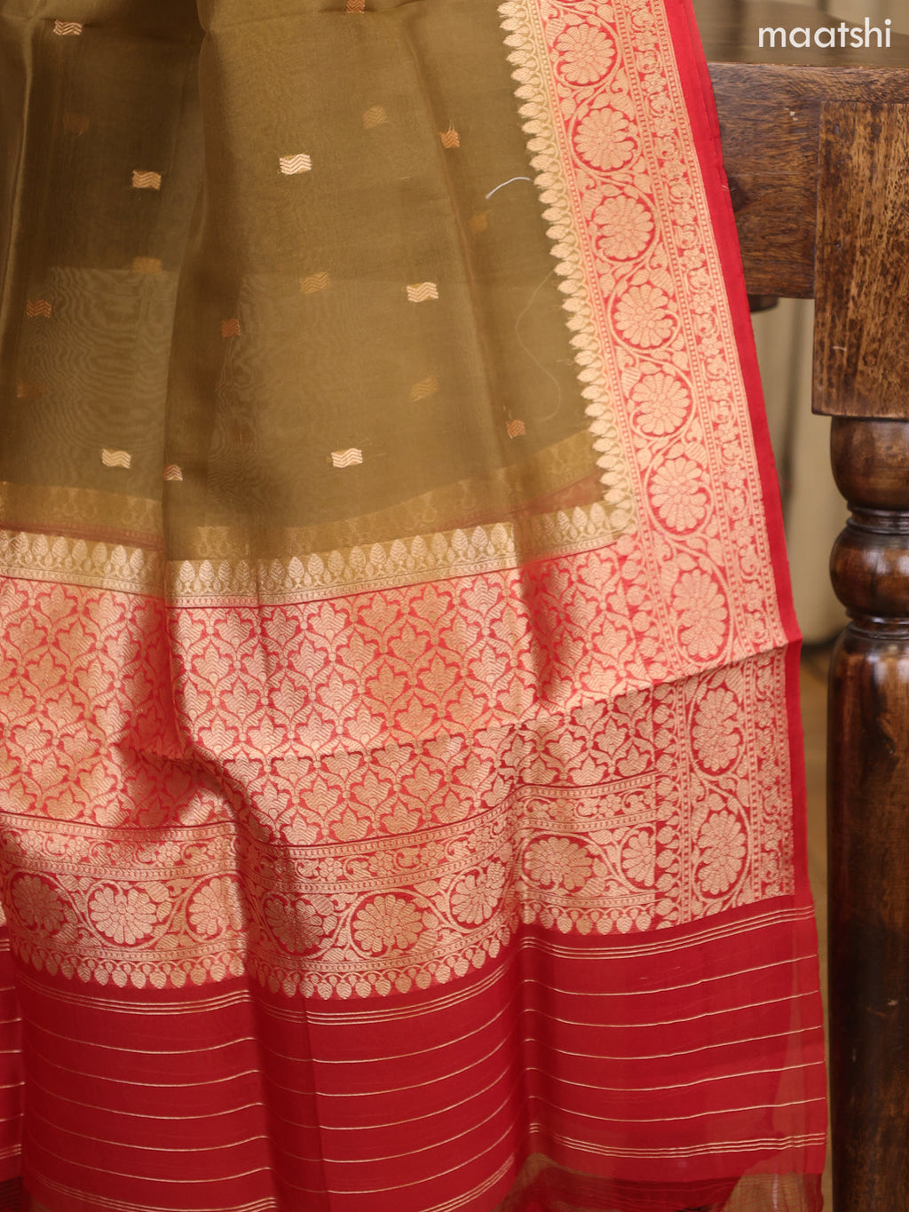Ruby Red and Dark Sandal Matka Tussar Dress Material With Woven Buttas and Bottom & Organza Dupatta