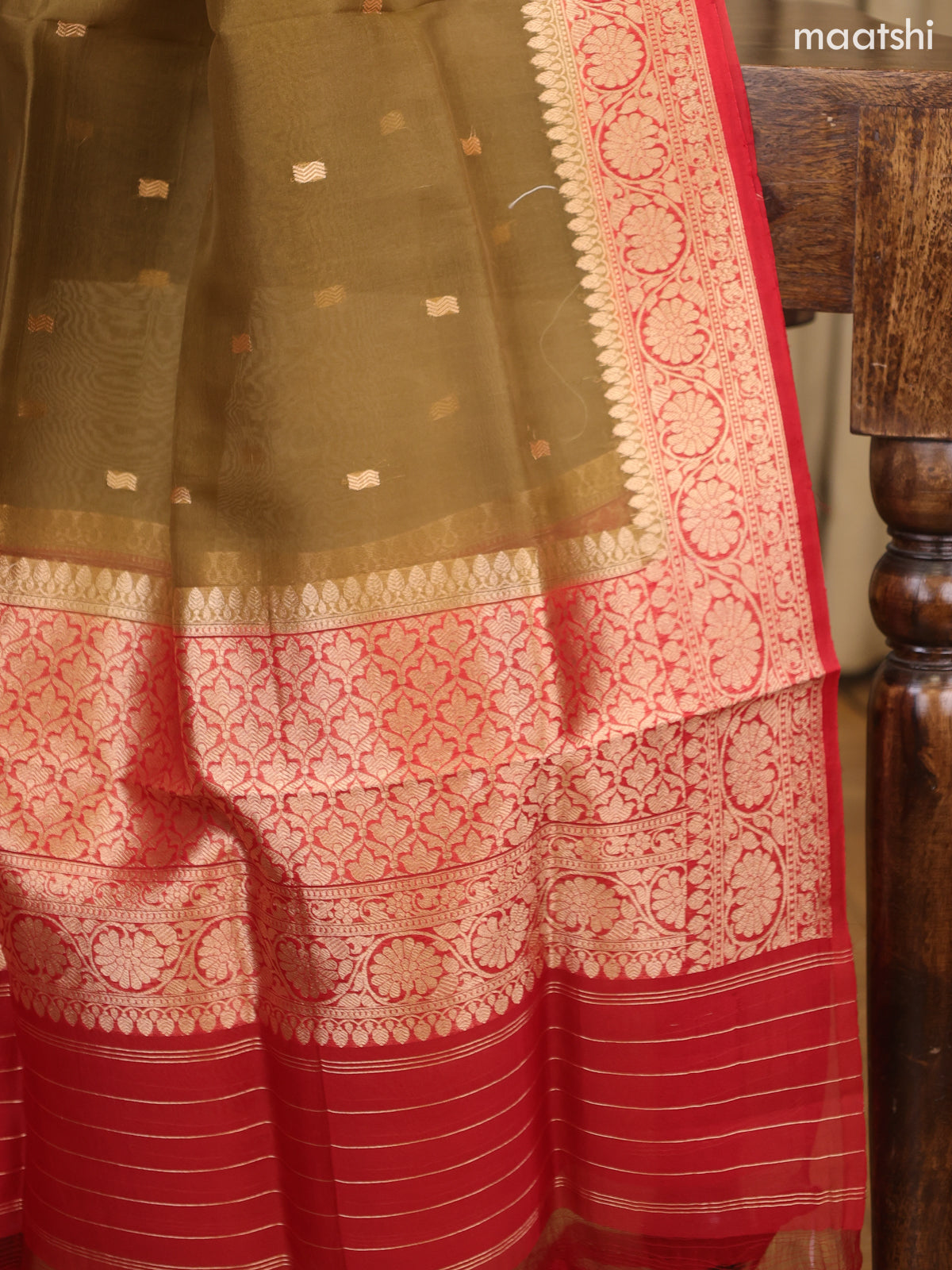 Ruby Red and Dark Sandal Matka Tussar Dress Material With Woven Buttas and Bottom & Organza Dupatta