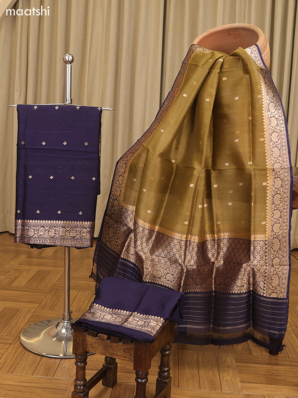 Navy Blue and Dark Sandal Matka Tussar Dress Material With Woven Buttas and Bottom & Organza Dupatta