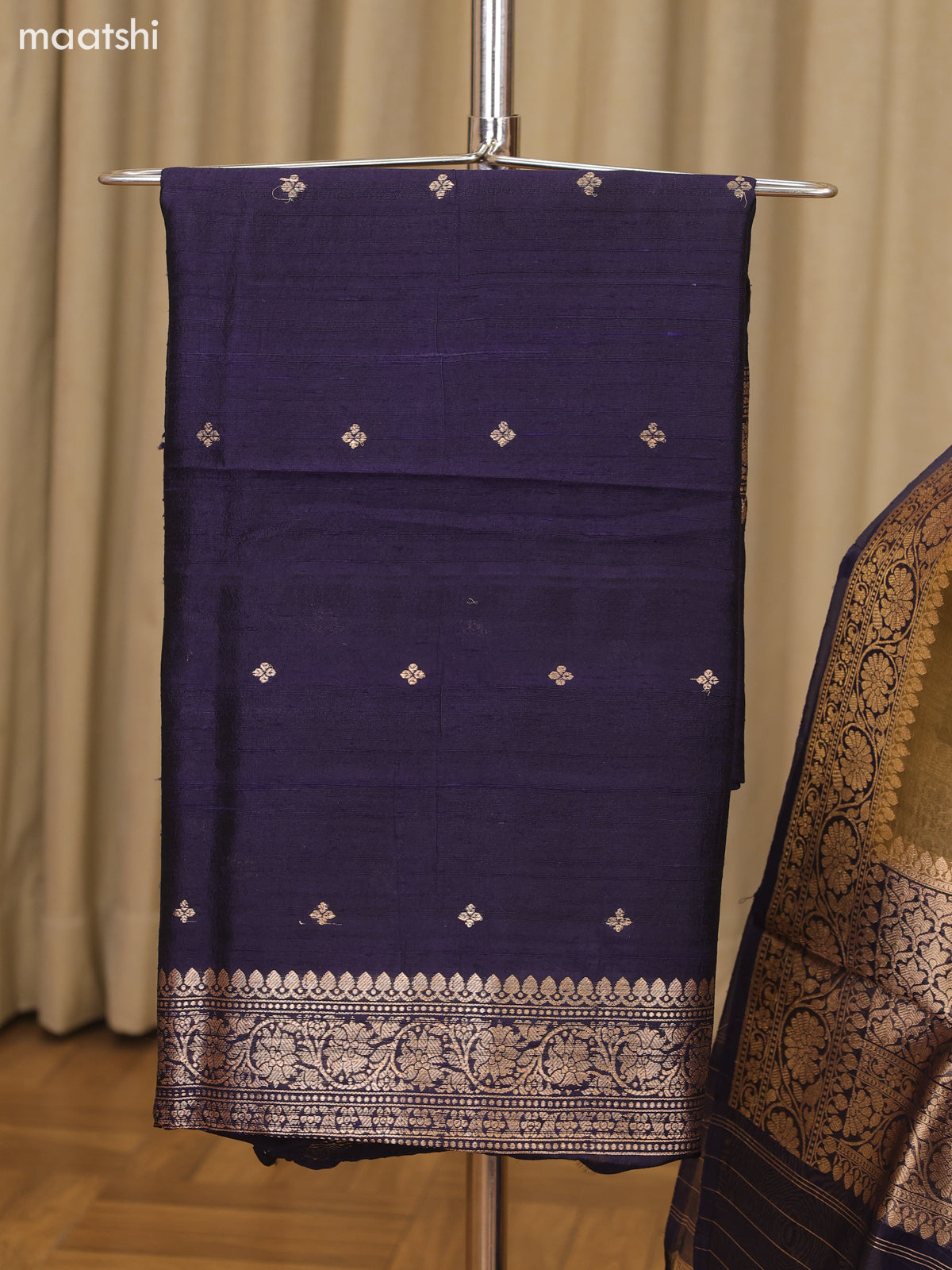 Navy Blue and Dark Sandal Matka Tussar Dress Material With Woven Buttas and Bottom & Organza Dupatta