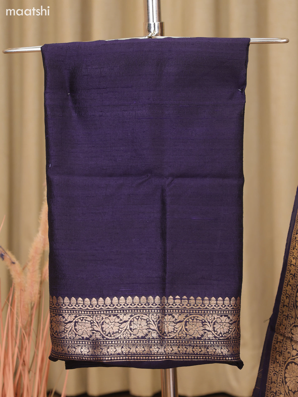 Navy Blue and Dark Sandal Matka Tussar Dress Material With Woven Buttas and Bottom & Organza Dupatta