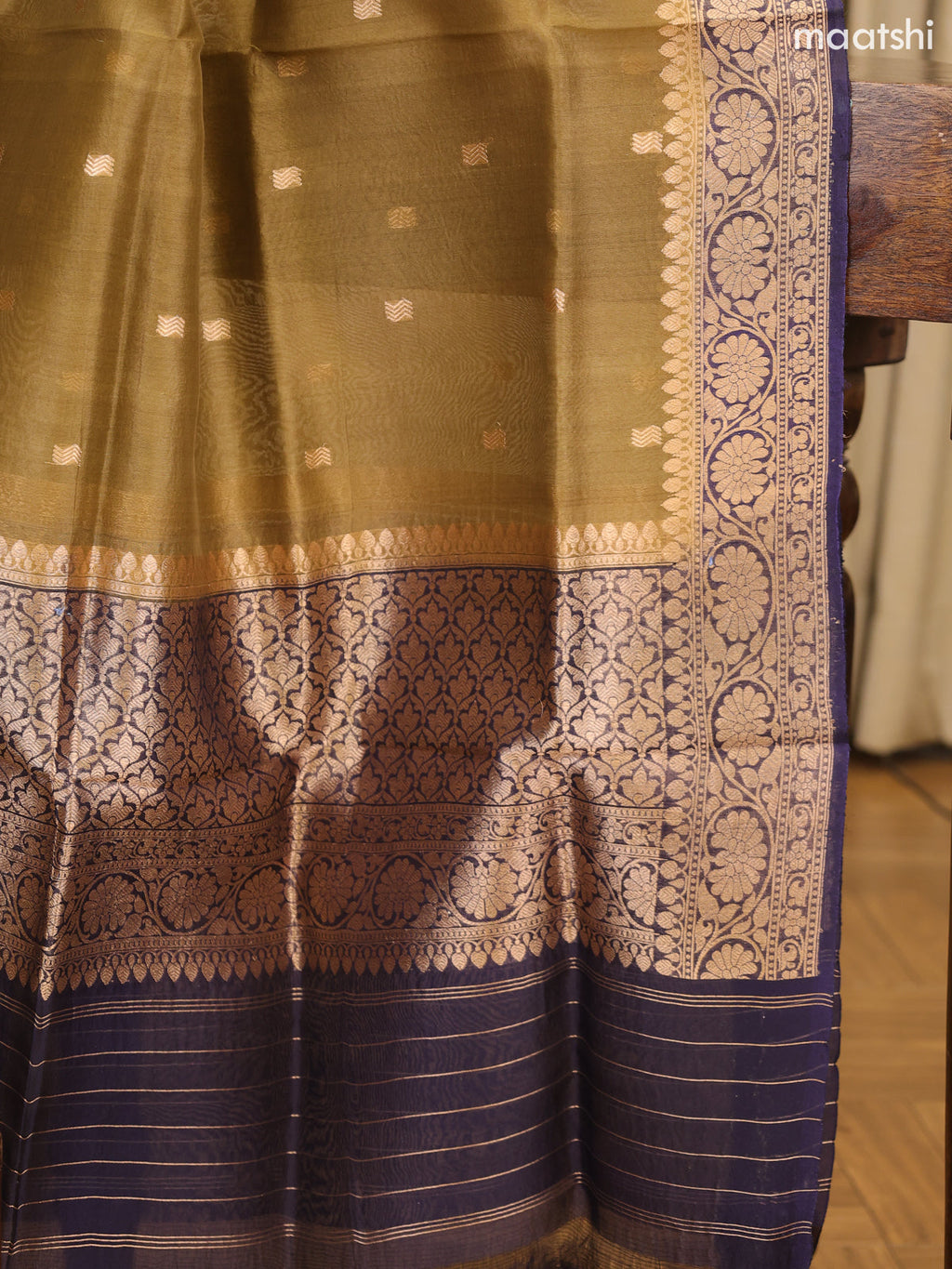 Navy Blue and Dark Sandal Matka Tussar Dress Material With Woven Buttas and Bottom & Organza Dupatta