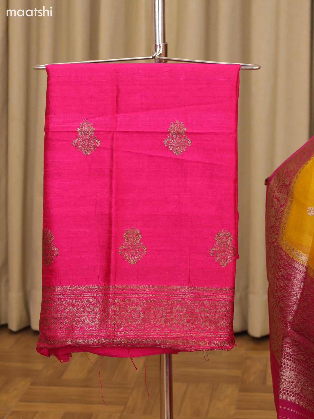 Rani Pink and Yellow Matka Tussar Dress Material With Woven Buttas and Bottom & Organza Dupatta