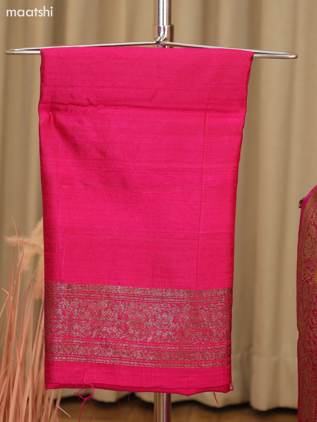 Rani Pink and Yellow Matka Tussar Dress Material With Woven Buttas and Bottom & Organza Dupatta