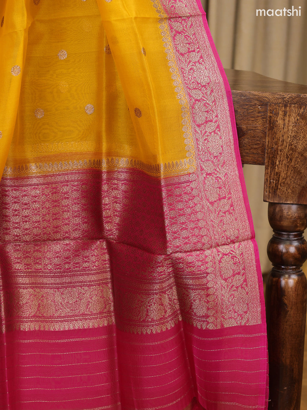 Rani Pink and Yellow Matka Tussar Dress Material With Woven Buttas and Bottom & Organza Dupatta