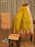 Dark Sandal and Yellow Matka Tussar Dress Material With Woven Buttas and Bottom & Organza Dupatta