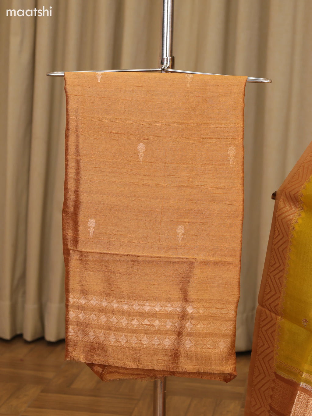 Dark Sandal and Yellow Matka Tussar Dress Material With Woven Buttas and Bottom & Organza Dupatta