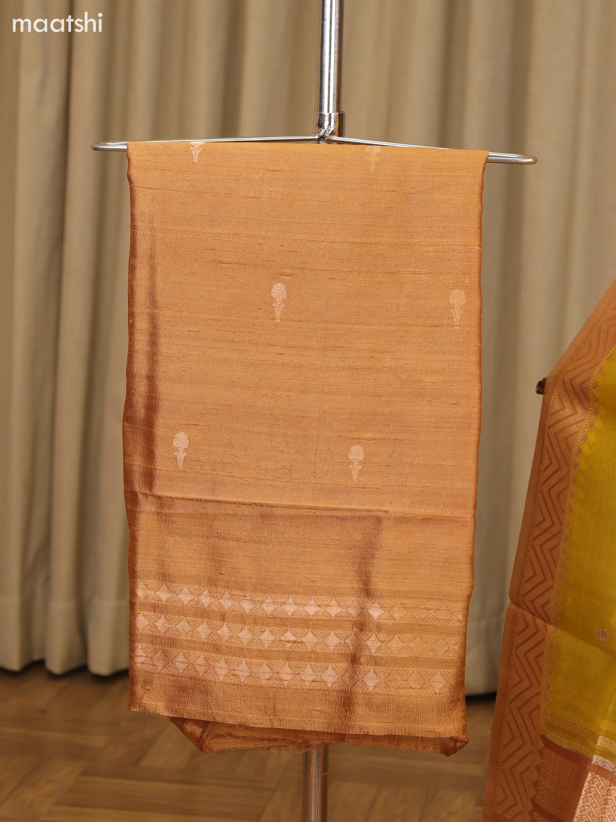 Dark Sandal and Yellow Matka Tussar Dress Material With Woven Buttas and Bottom & Organza Dupatta