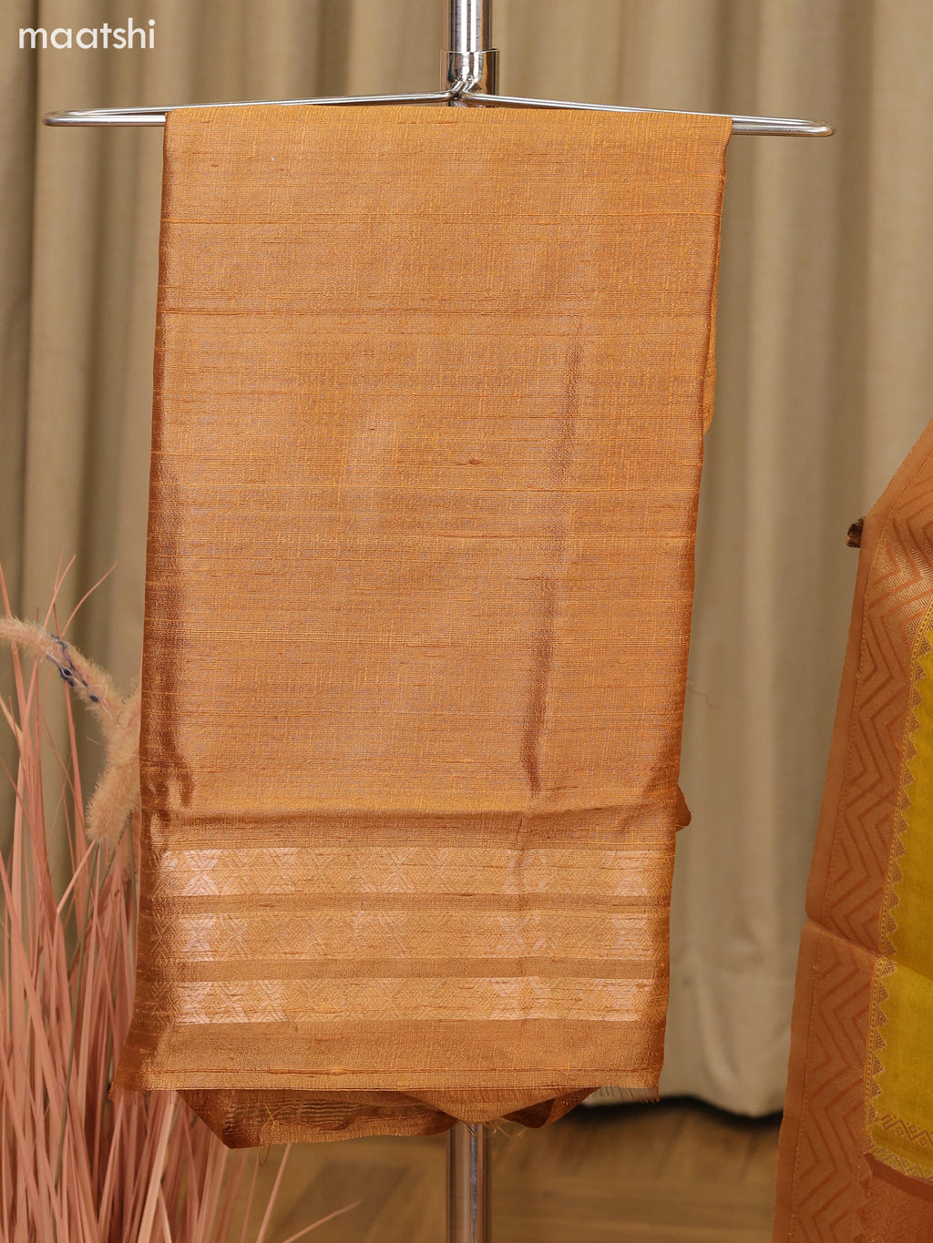 Dark Sandal and Yellow Matka Tussar Dress Material With Woven Buttas and Bottom & Organza Dupatta